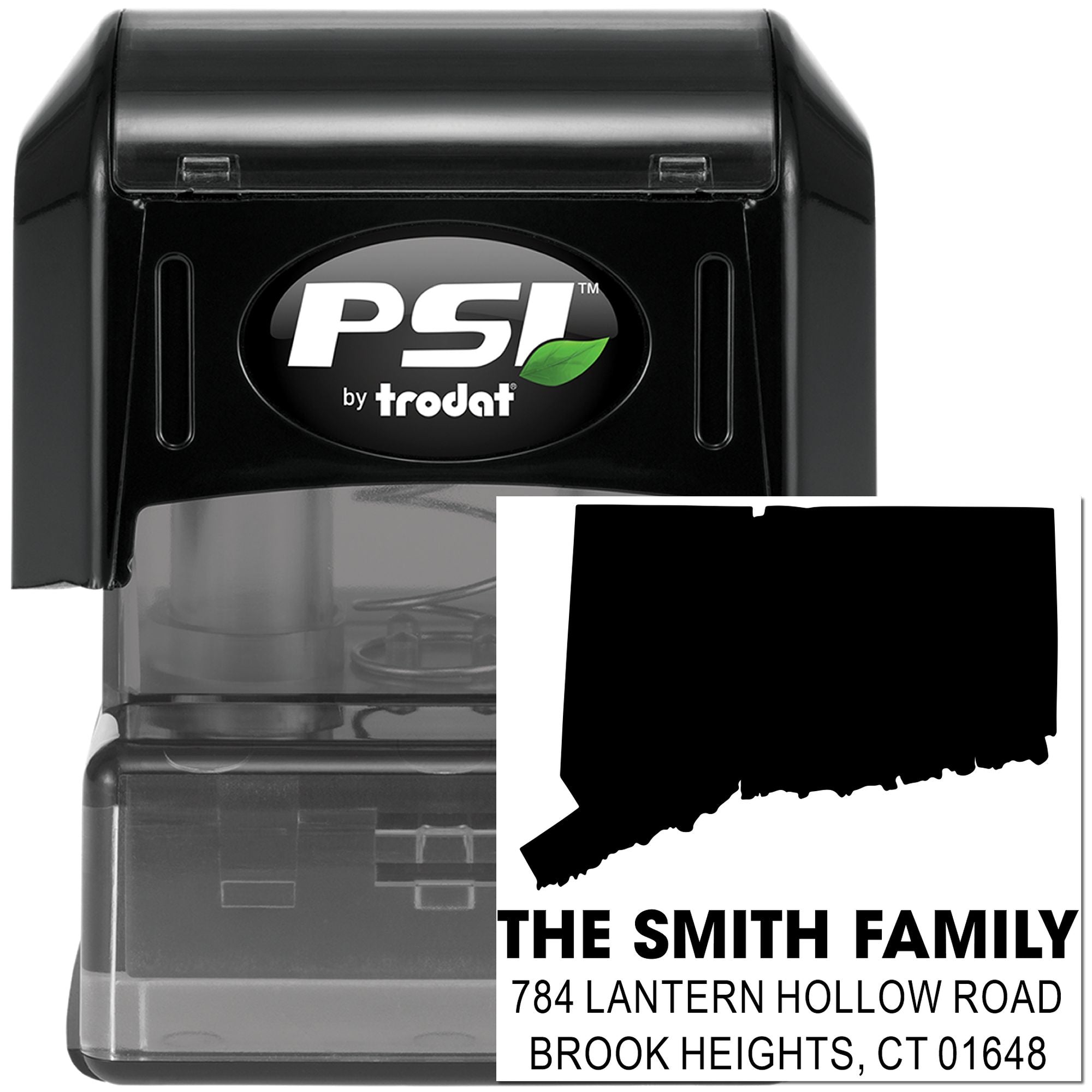 Custom self-inking rubber address stamp for The Smith Family, with Connecticut silhouette and Brook Heights, CT 01648.