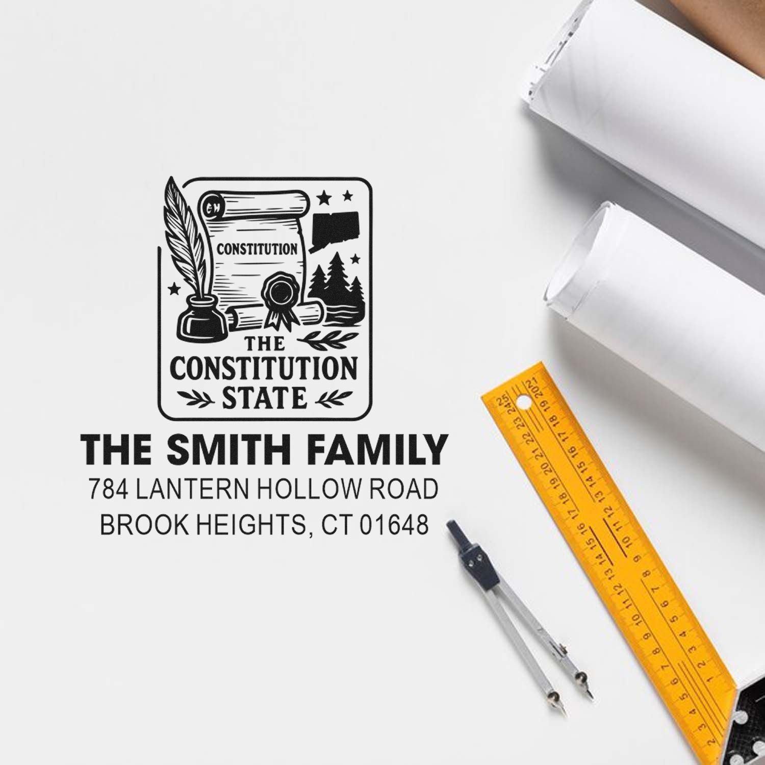 Custom rubber address stamp for The Smith Family, with Connecticut Constitution State design for envelopes and mail.