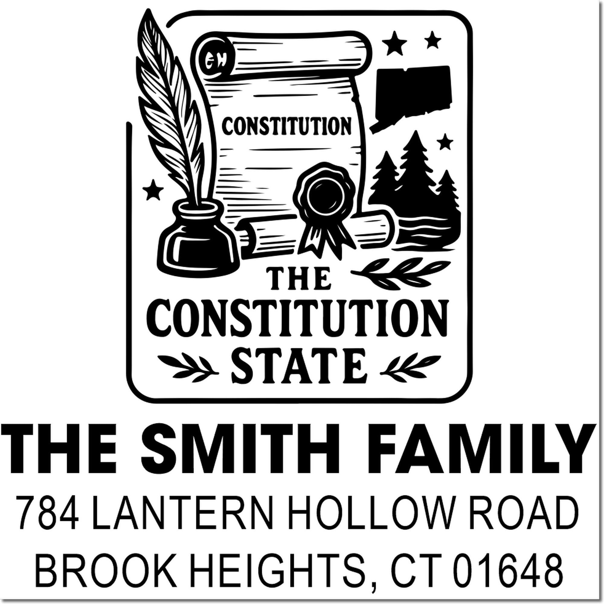 Custom return address rubber stamp with Constitution State design for The Smith Family, Brook Heights, CT 01648