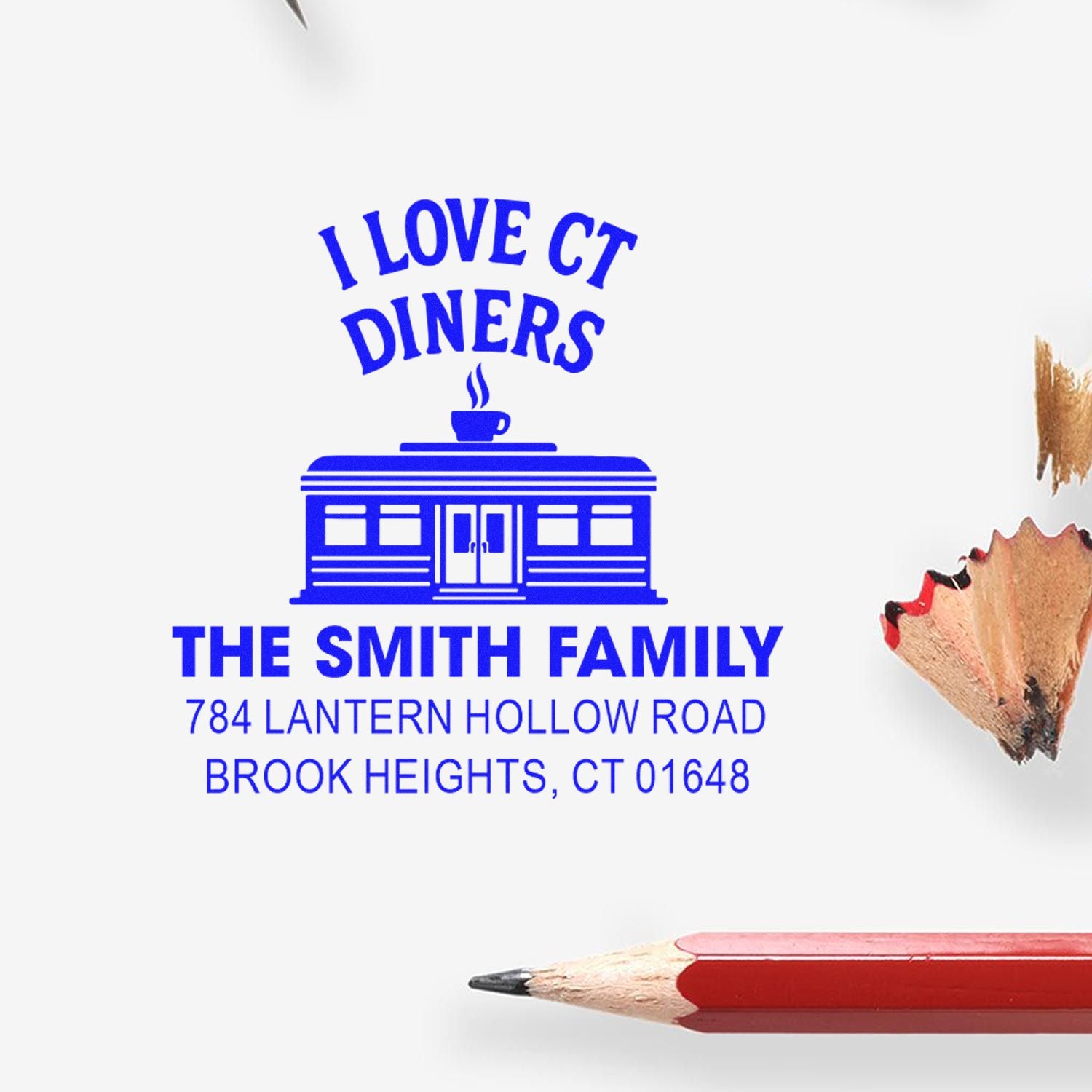 Custom rubber stamp for The Smith Family with I Love CT Diners design, diner icon, and Brook Heights, CT return address.