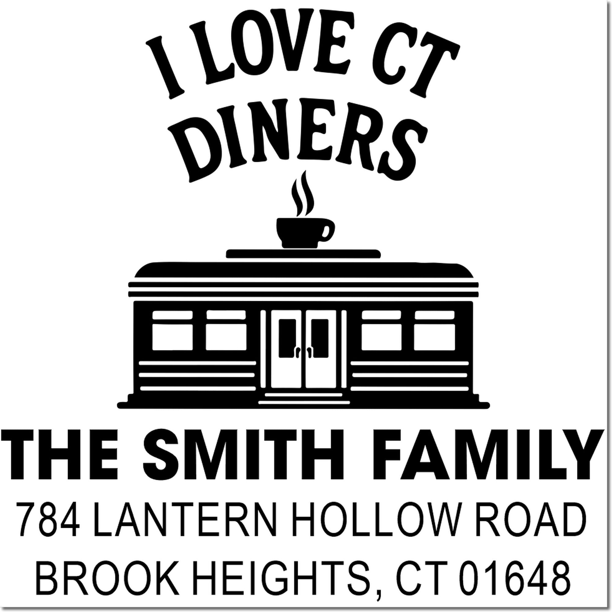 Custom rubber address stamp for The Smith Family with diner design, Brook Heights, CT address, and "I Love CT Diners" text.