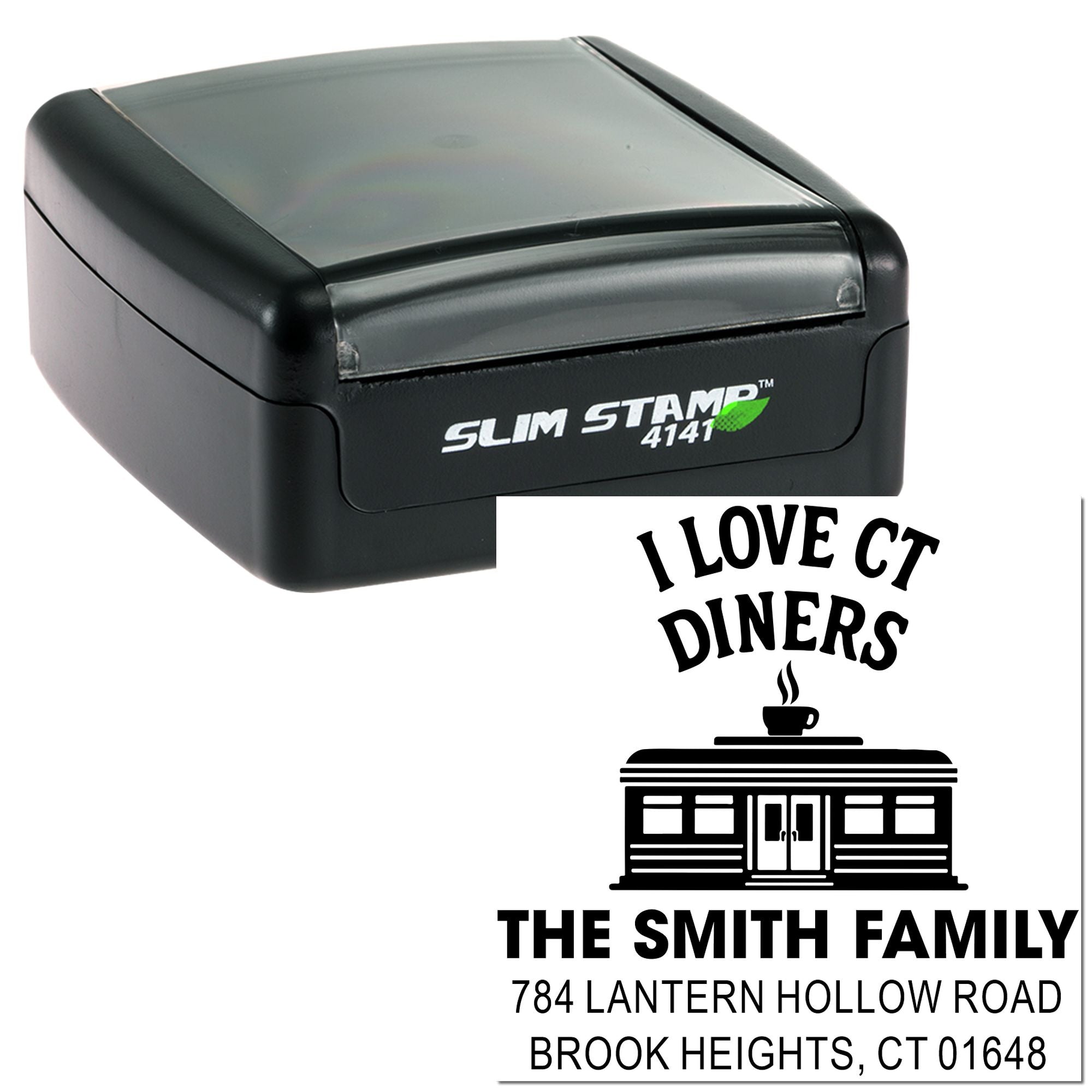 Slim Stamp 4141 self-inking rubber stamp with custom diner-themed return address design for personalized mailing.