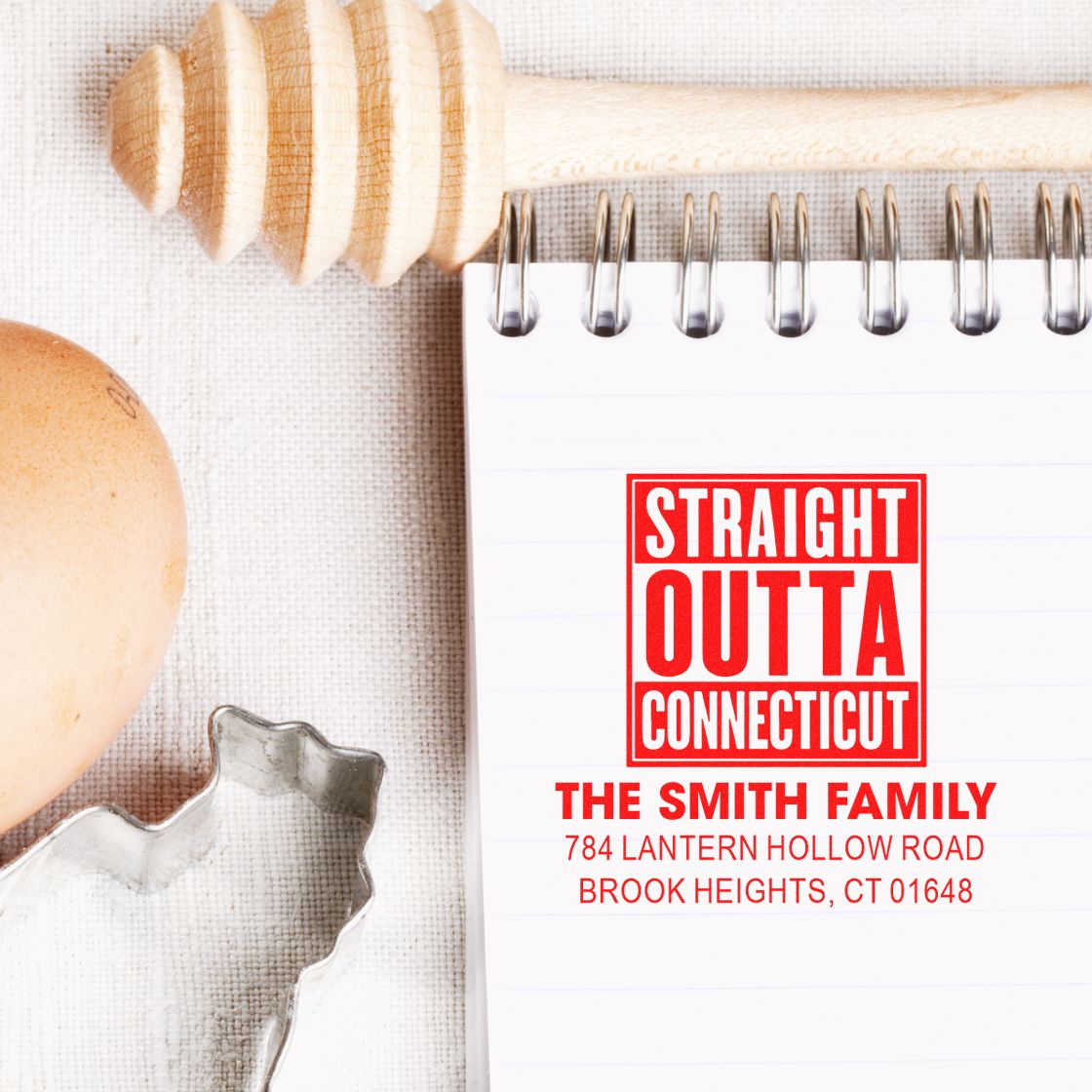 Personalized rubber return address stamp for The Smith Family, featuring a Straight Outta Connecticut design.