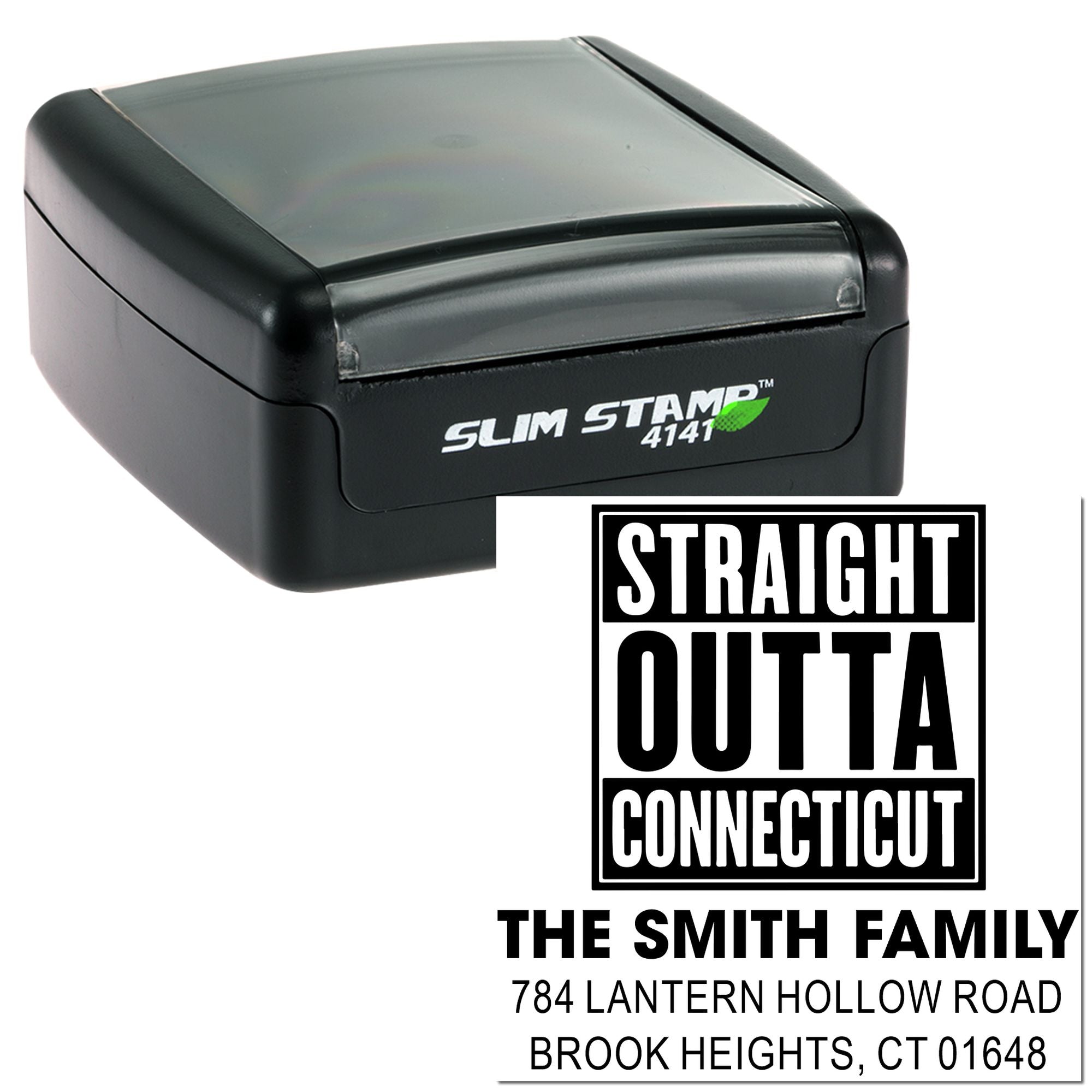 Slim Stamp self-inking rubber stamp with custom Straight Outta Connecticut return address design for The Smith Family.