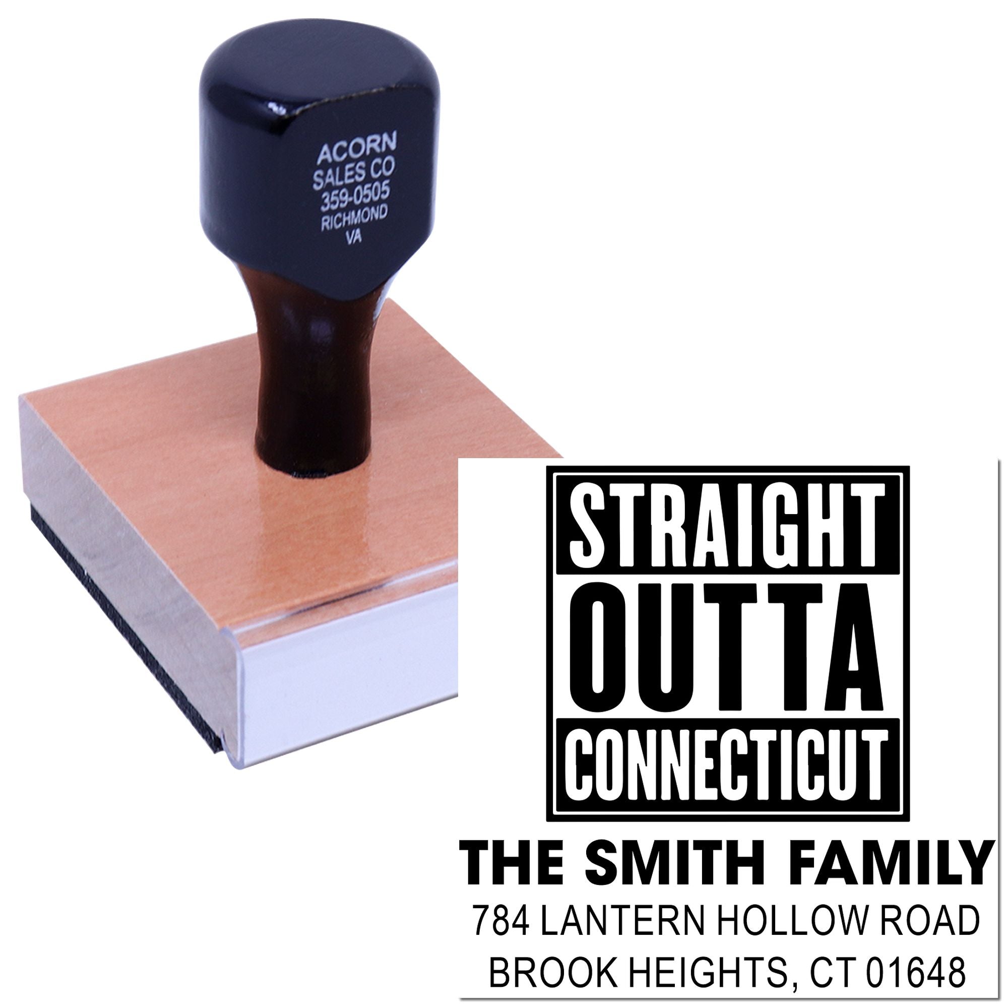 Personalized rubber stamp with Straight Outta Connecticut family return address design for custom mailing and crafts.