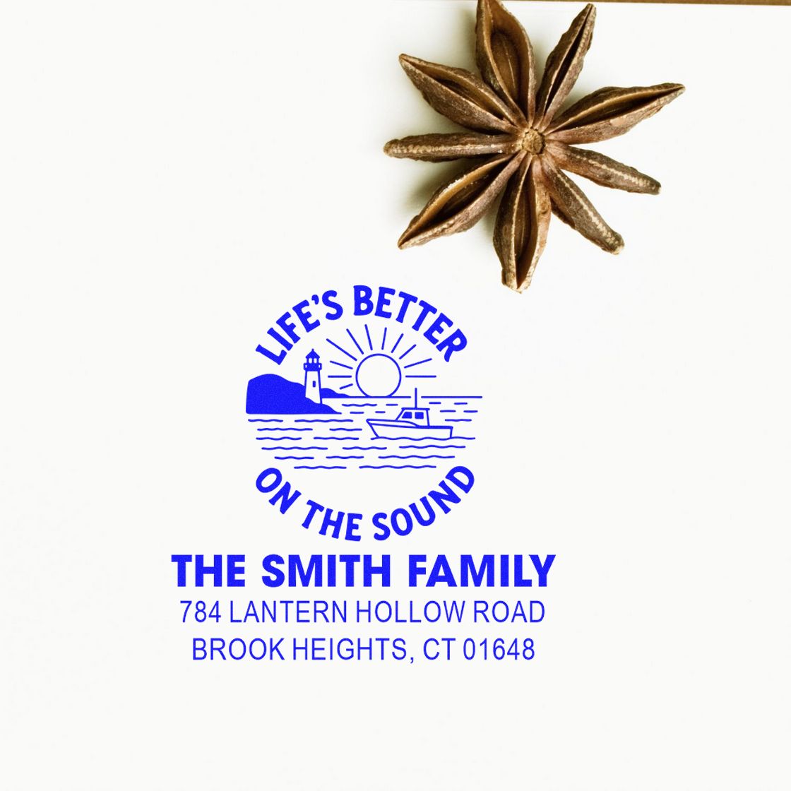 Personalized nautical return address rubber stamp for The Smith Family with Lifes Better on the Sound design.