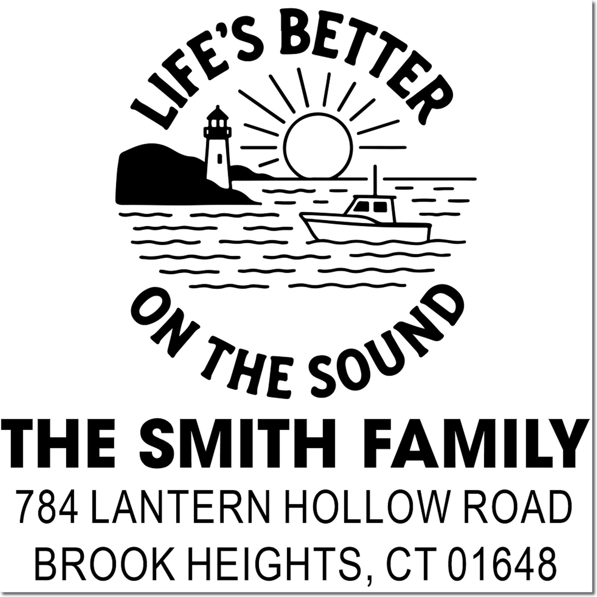 Personalized return address rubber stamp with lighthouse design for The Smith Family, Brook Heights, CT 01648.