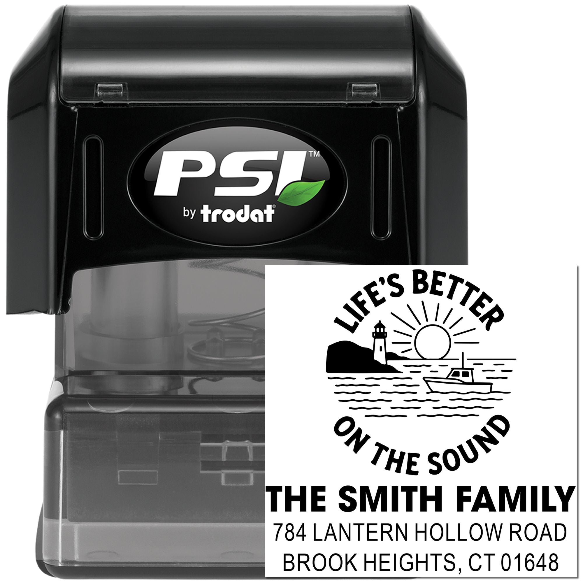 Custom self-inking rubber address stamp with lighthouse design for The Smith Family, ideal for coastal mailings.