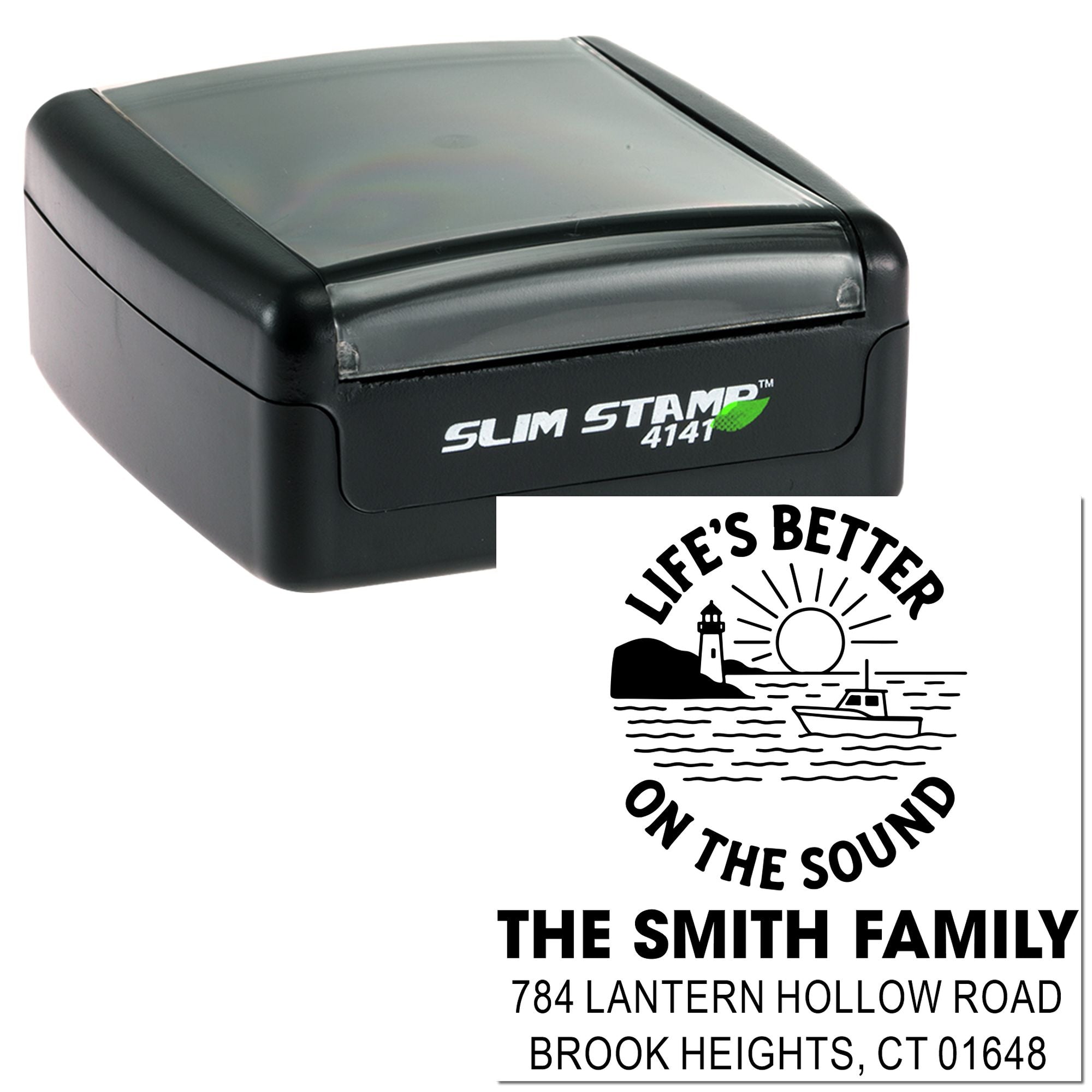 Slim Stamp 4141 self-inking custom return address rubber stamp with coastal family design
