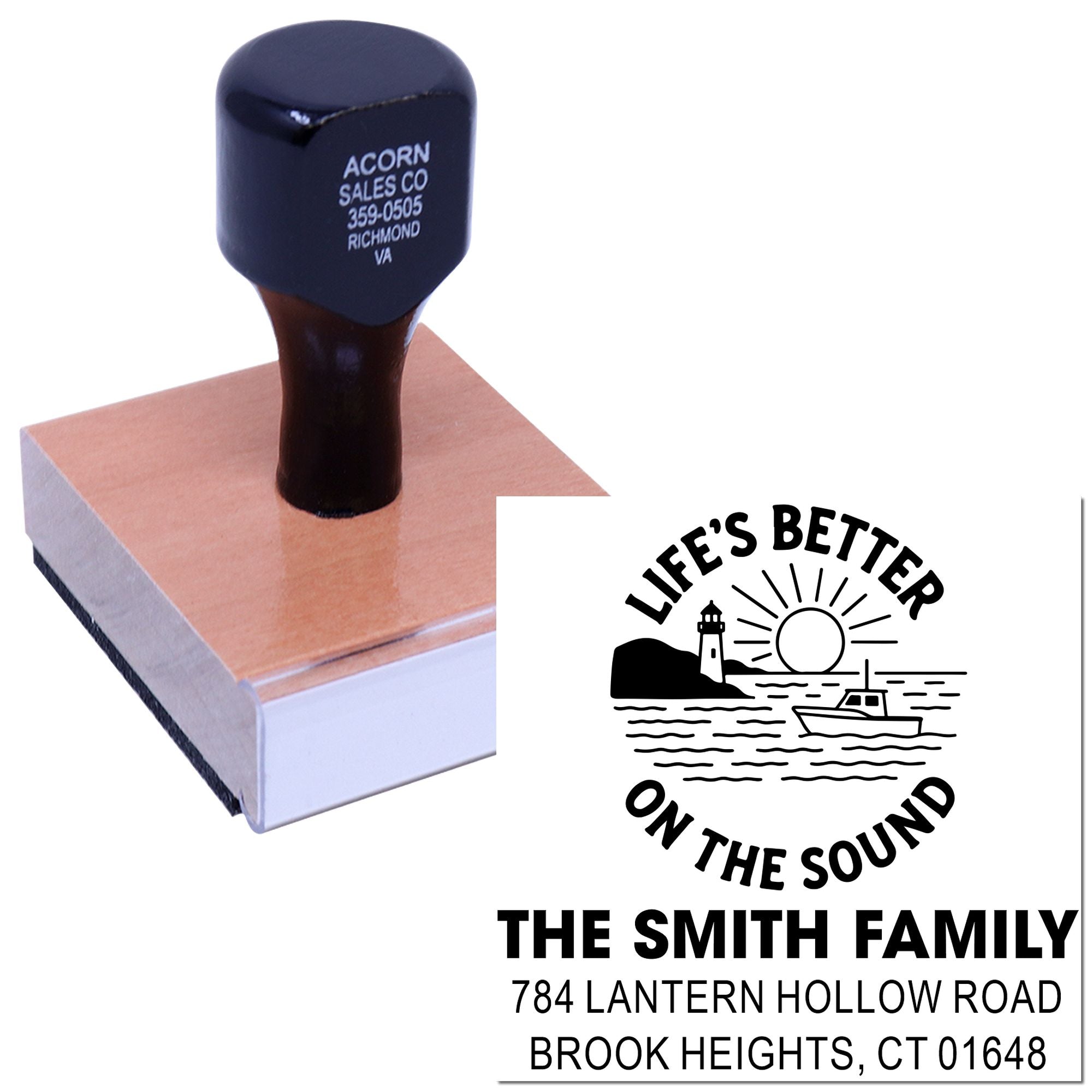 Custom rubber address stamp with beach-themed Lifes Better on the Sound family design and return address.