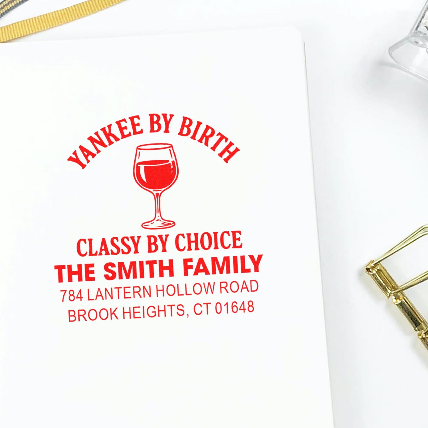 Custom return address rubber stamp with wine glass design for The Smith Family, perfect for personalized stationery.