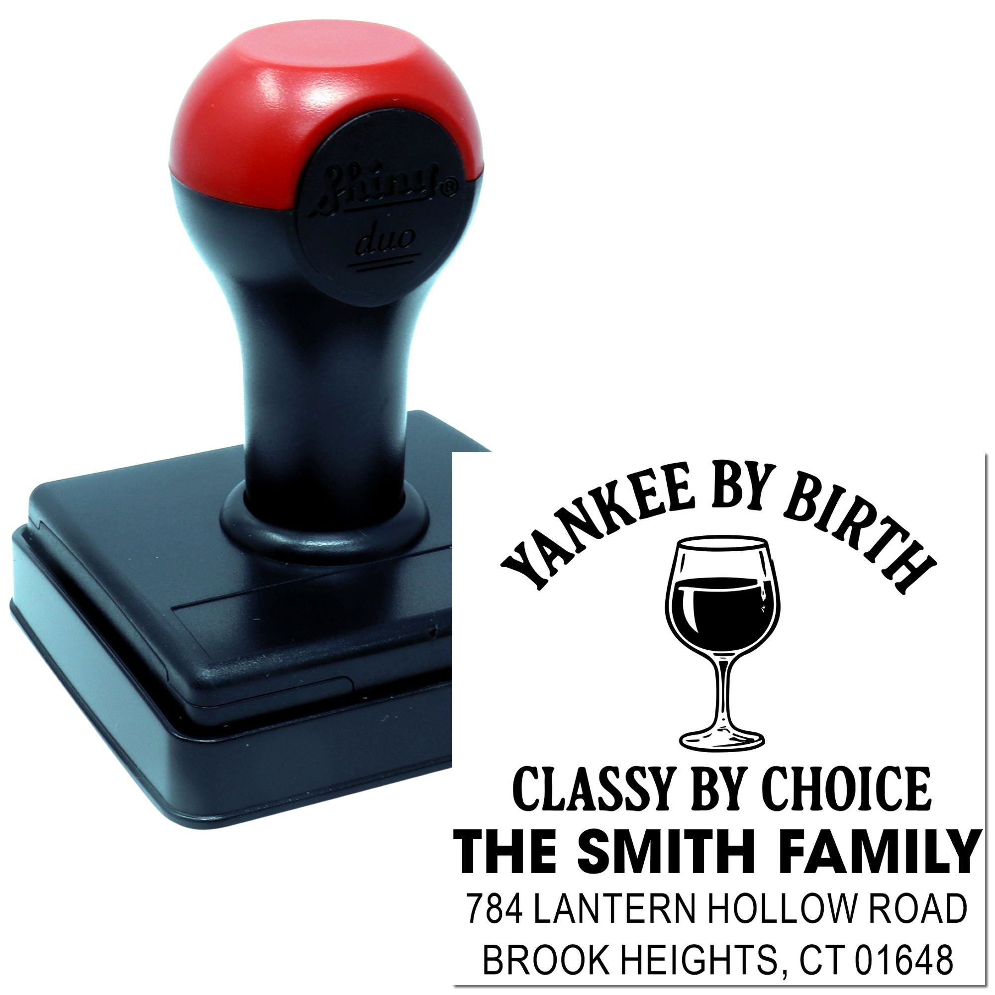 Custom self-inking rubber stamp with wine glass design for personalized family return address imprint.
