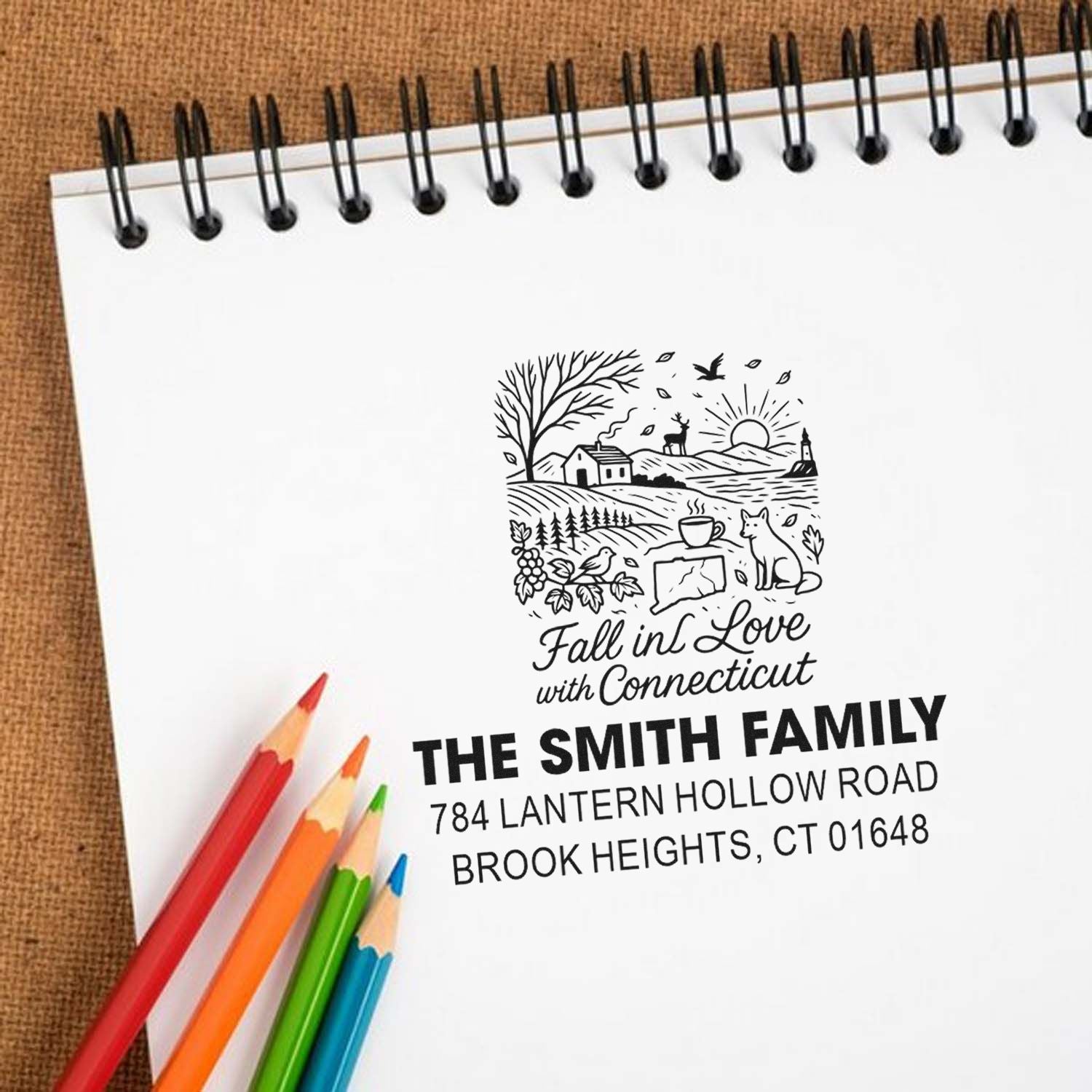 Custom fall-themed Connecticut return address rubber stamp for family envelopes, cards and holiday mail.