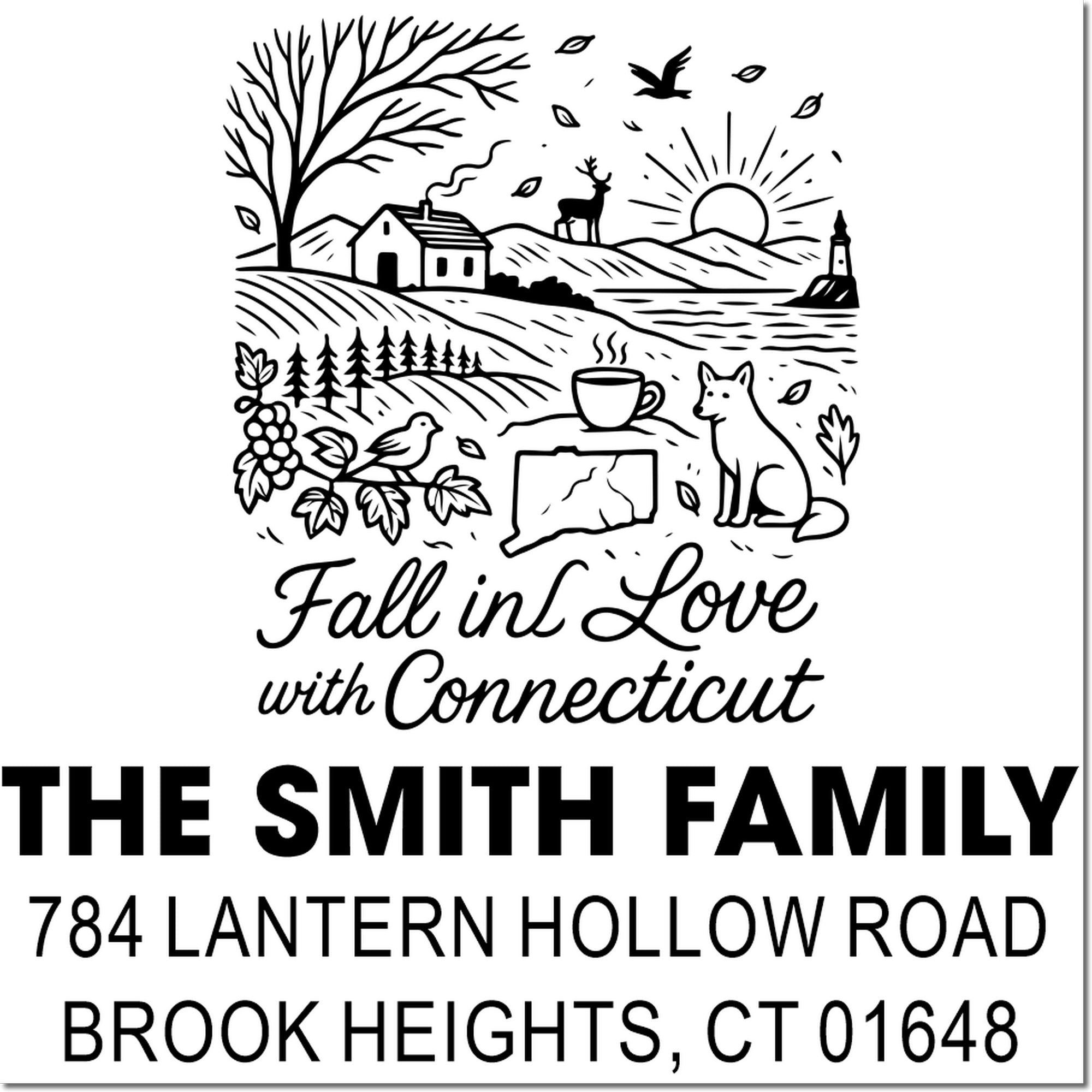 Personalized Connecticut family return address rubber stamp with Fall in Love with Connecticut design, The Smith Family