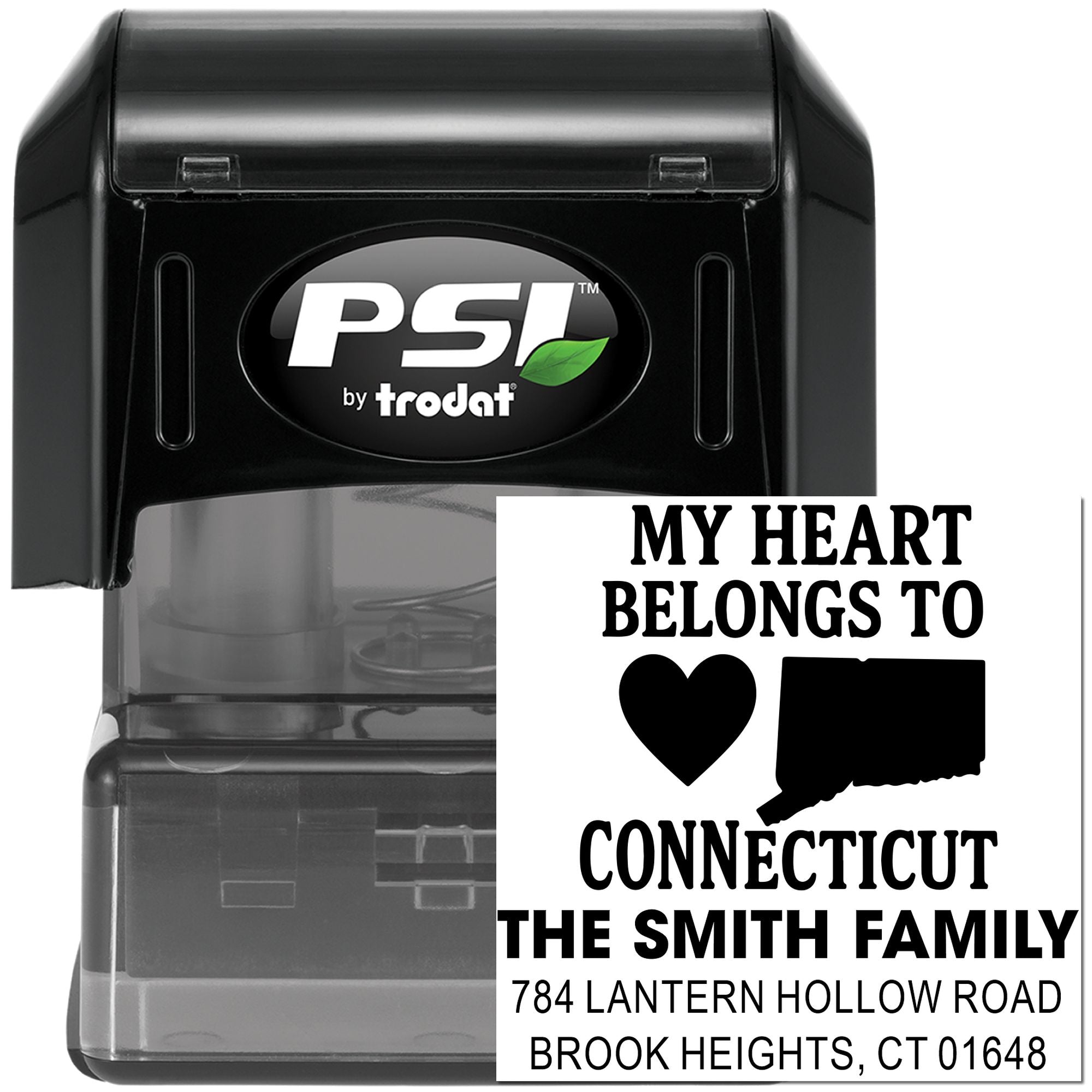 Custom self-inking rubber stamp with Connecticut family address and My Heart Belongs To design for personalized mail.