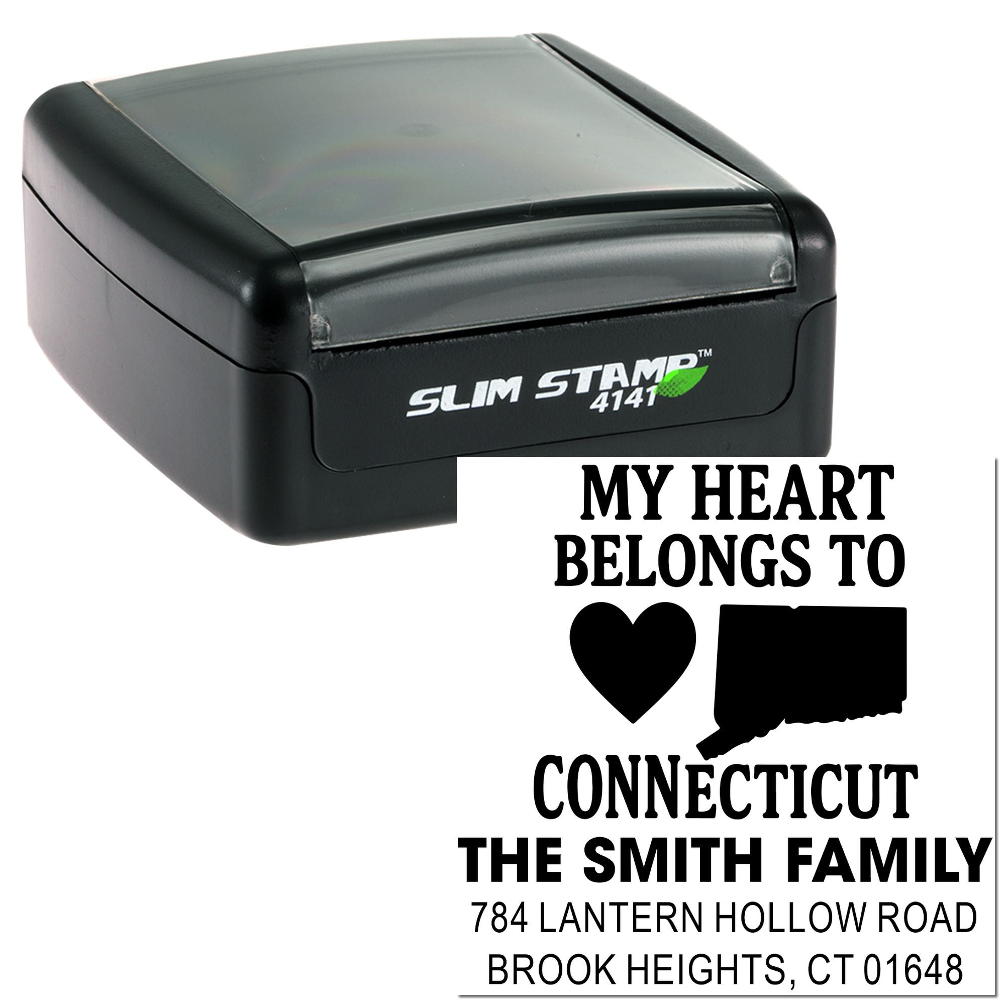 Slim self-inking custom return address rubber stamp with heart and Connecticut design for The Smith Family.