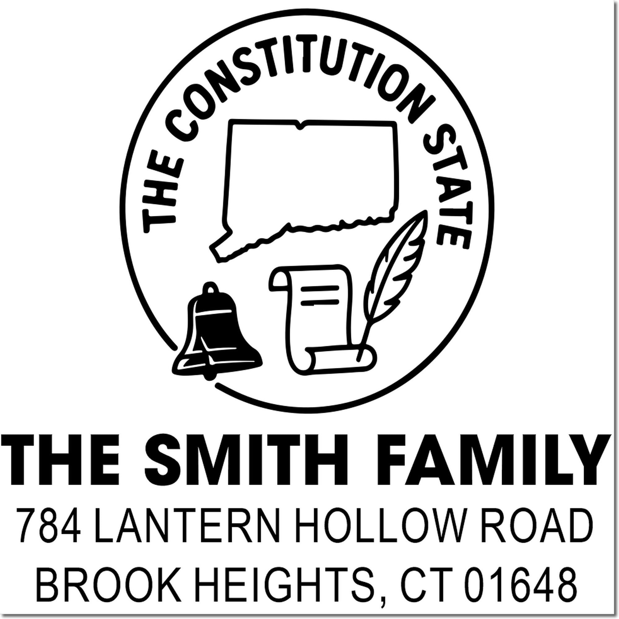 Custom Connecticut return address rubber stamp for The Smith Family, 784 Lantern Hollow Road, Brook Heights, CT 01648.