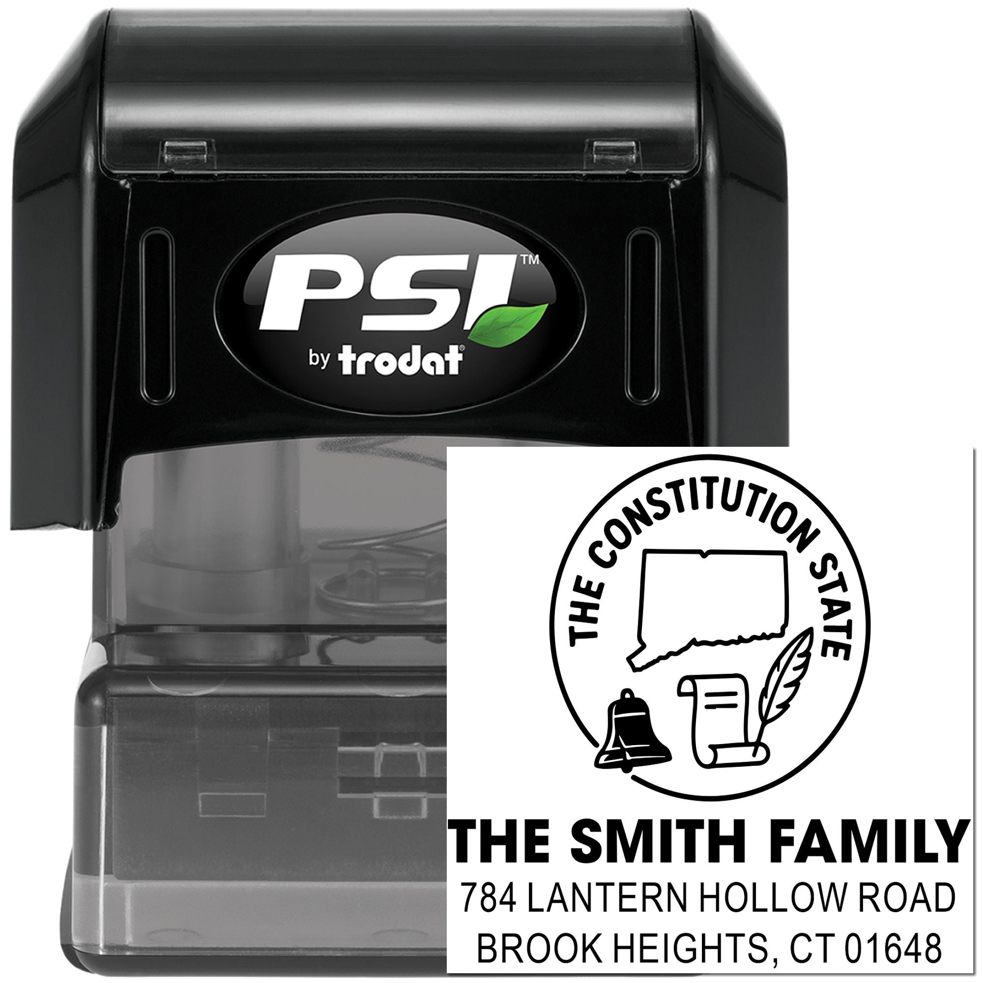 PSI by Trodat custom return address rubber stamp with Connecticut The Constitution State family design