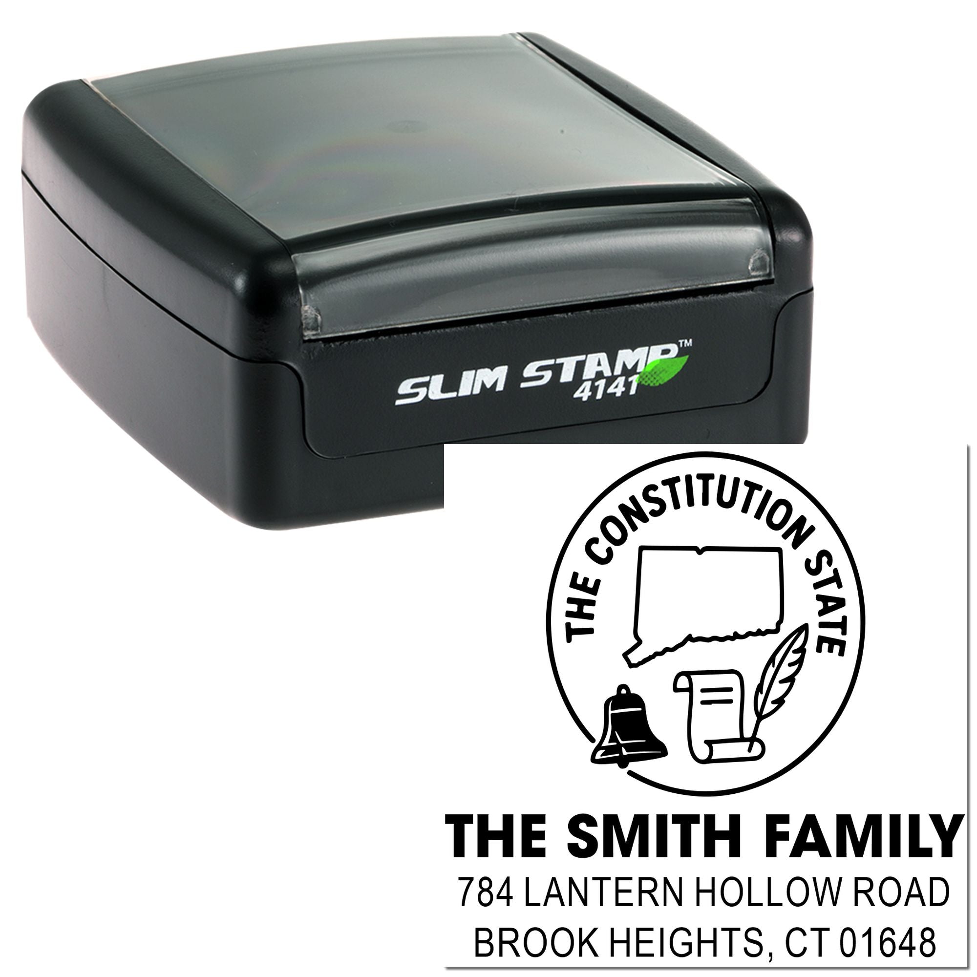 Self-inking Slim Stamp 4141 custom return address rubber stamp with The Smith Family, Brook Heights, CT imprint