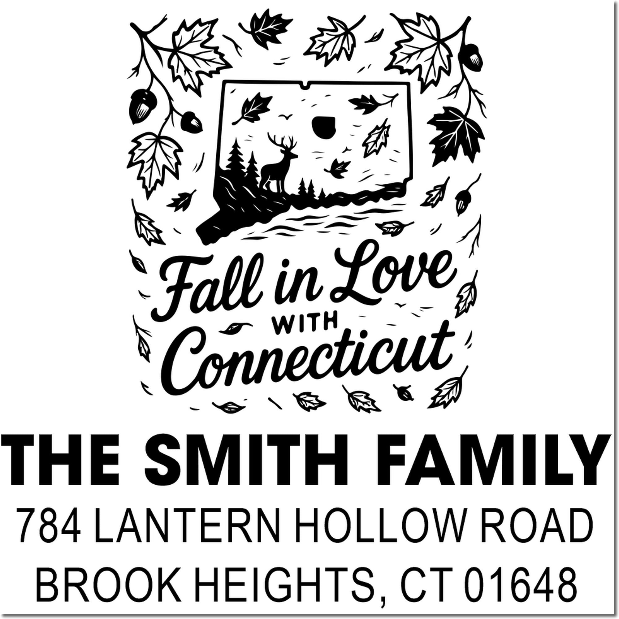 Custom fall-themed rubber return address stamp with Fall in Love with Connecticut design and The Smith Family address.