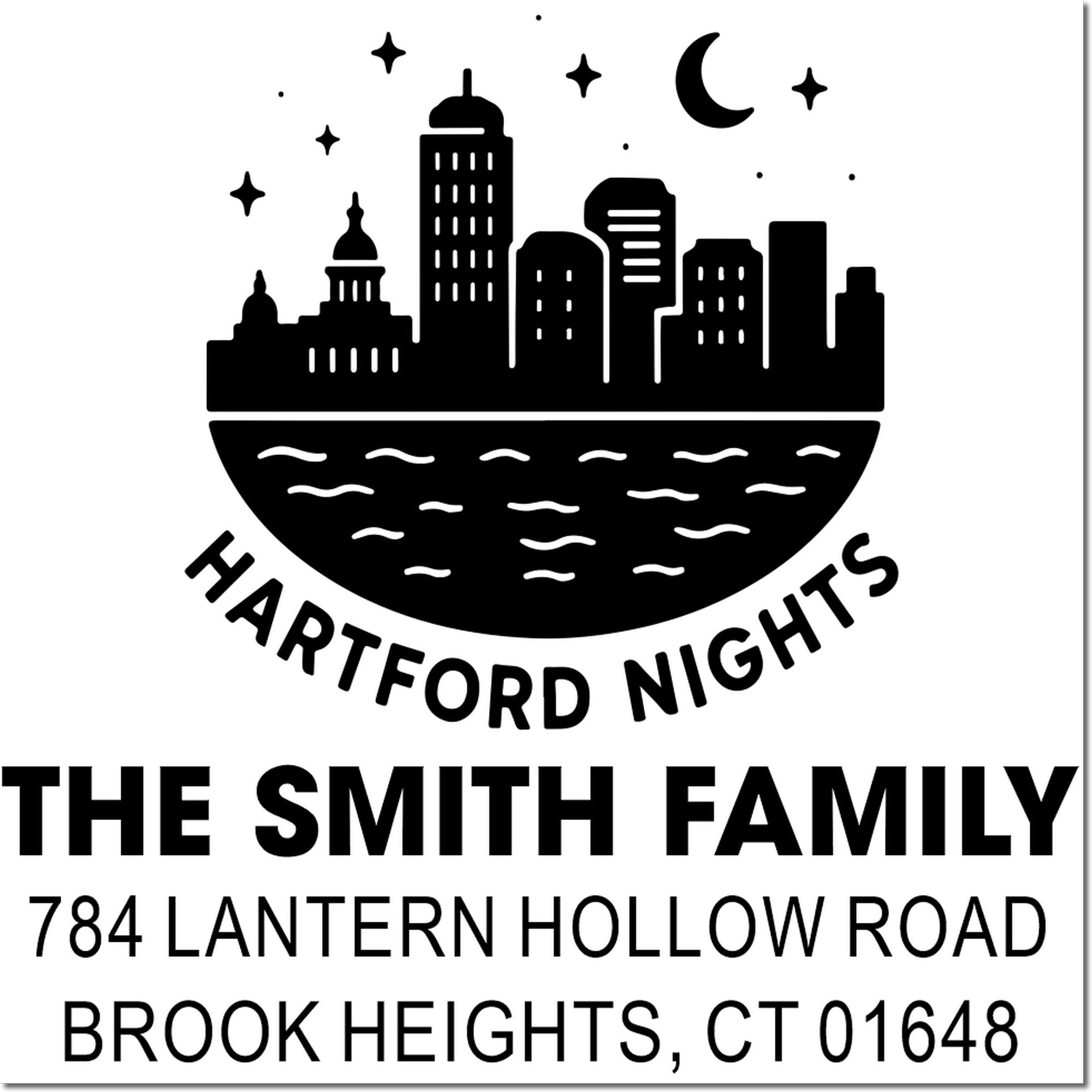 Custom Hartford Nights rubber stamp with The Smith Family return address, Brook Heights, CT