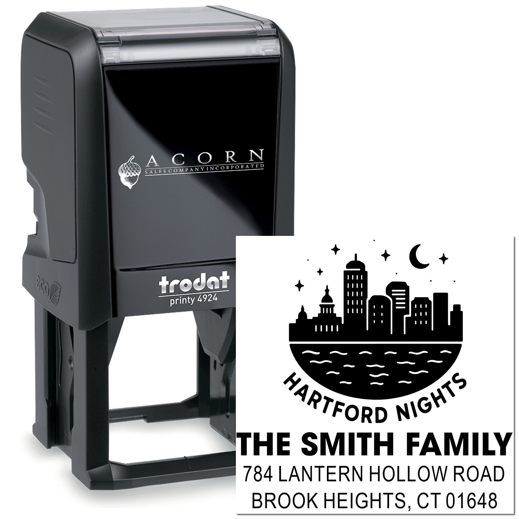 Custom self-inking return address rubber stamp, Trodat Printy 4924, with Hartford Nights skyline and Smith Family address.