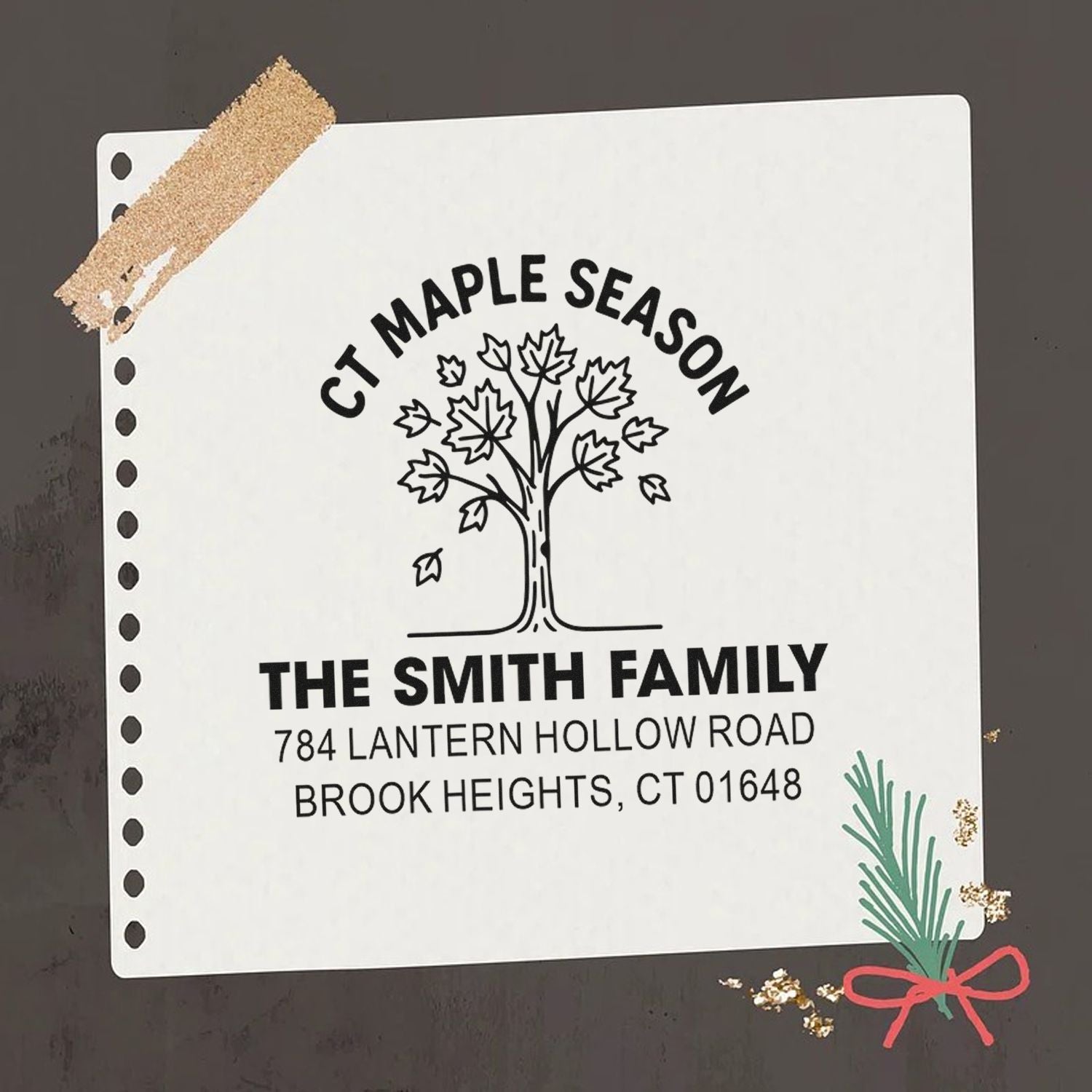 Custom rubber stamp design for The Smith Family with maple tree logo and return address in Brook Heights, CT.