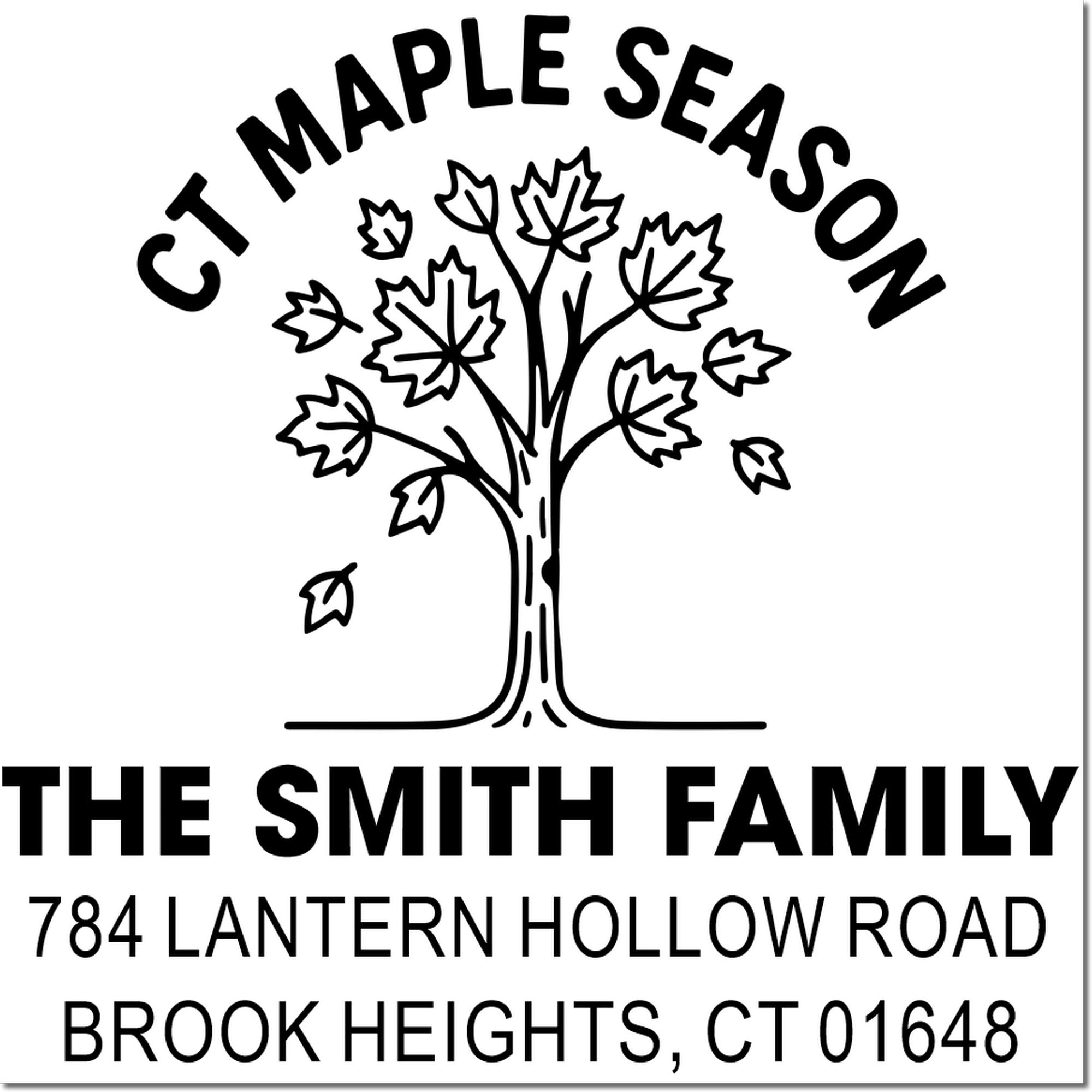 Custom maple season family return address rubber stamp with tree design, The Smith Family, Brook Heights, CT 01648.