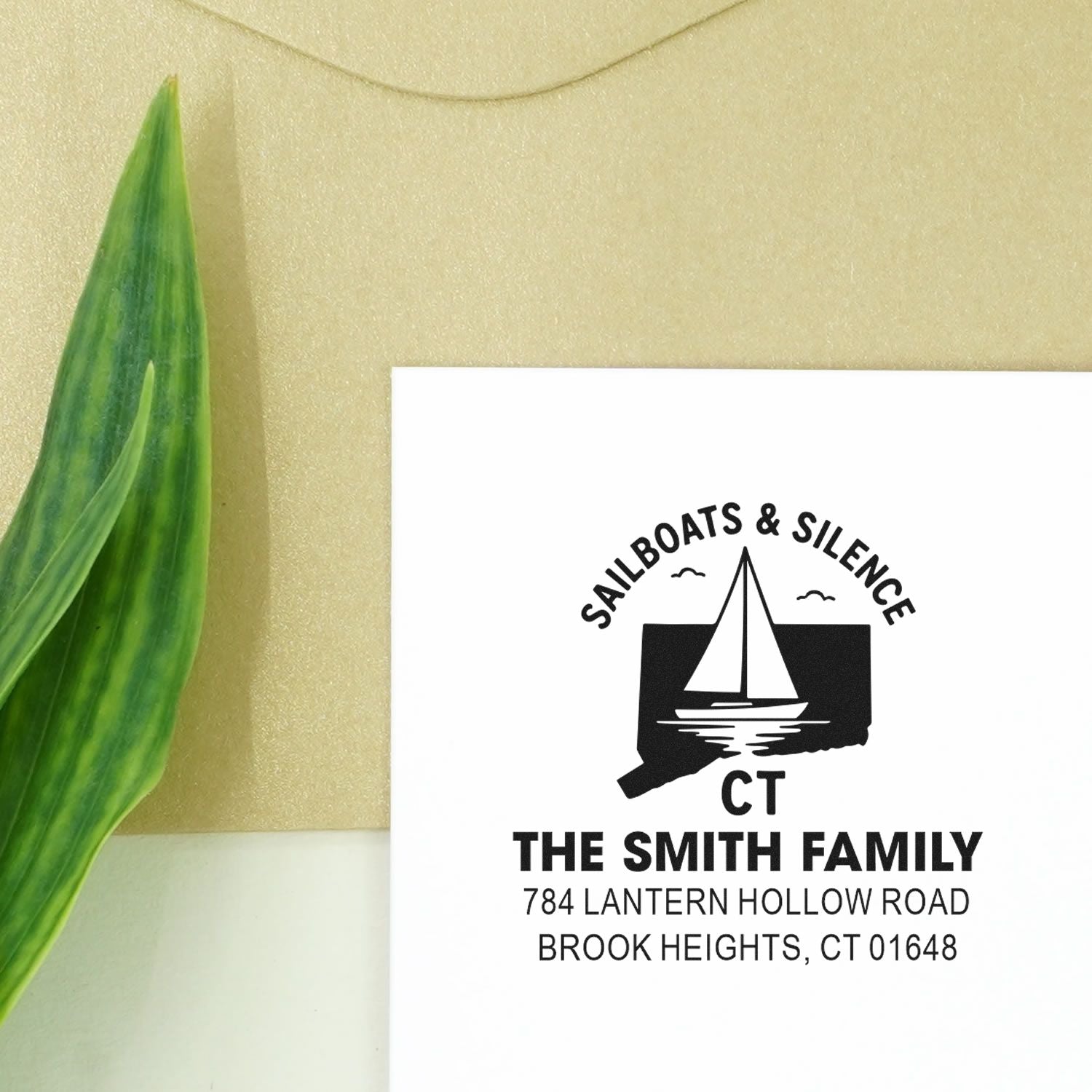 Custom sailboat address rubber stamp for The Smith Family in Brook Heights, CT, featuring Sailboats & Silence design.