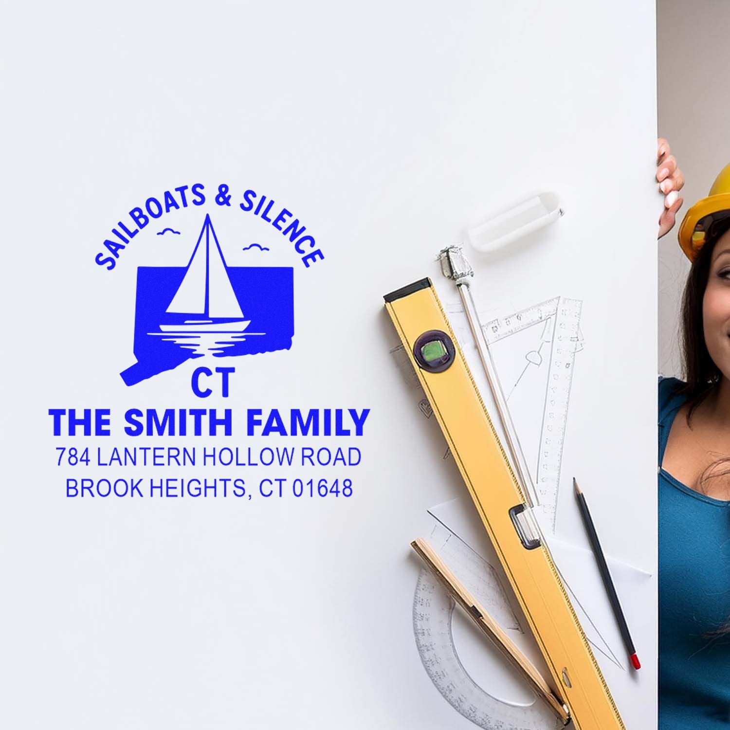 Custom return address rubber stamp for The Smith Family, featuring Sailboats & Silence design and CT address imprint.