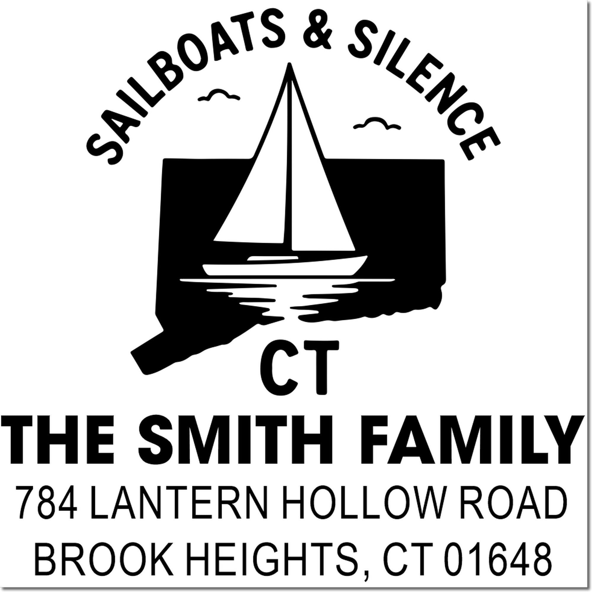 Custom sailboat return address rubber stamp for The Smith Family, Brook Heights, CT 01648, with Sailboats & Silence design.