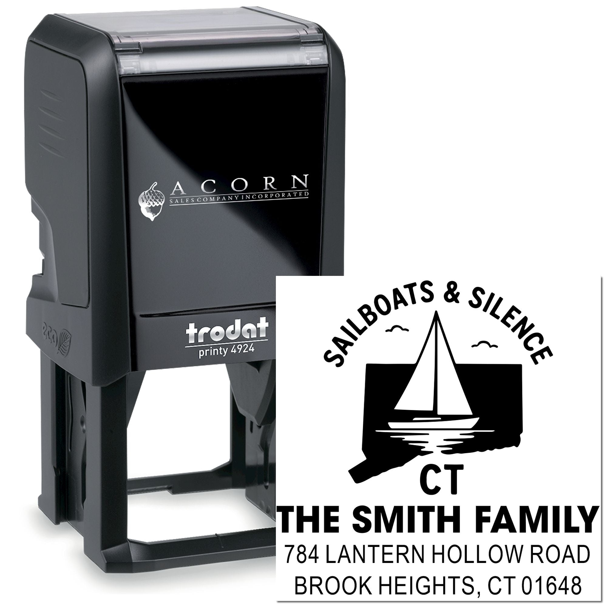 Custom self-inking return address rubber stamp with sailboat design, family name, and Connecticut address, Trodat Printy 4924.