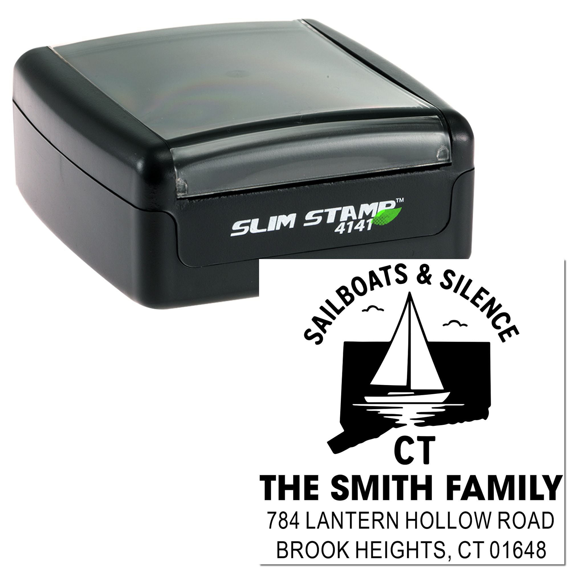 Custom self-inking rubber address stamp with sailboat design for The Smith Family, Brook Heights, CT return mail.
