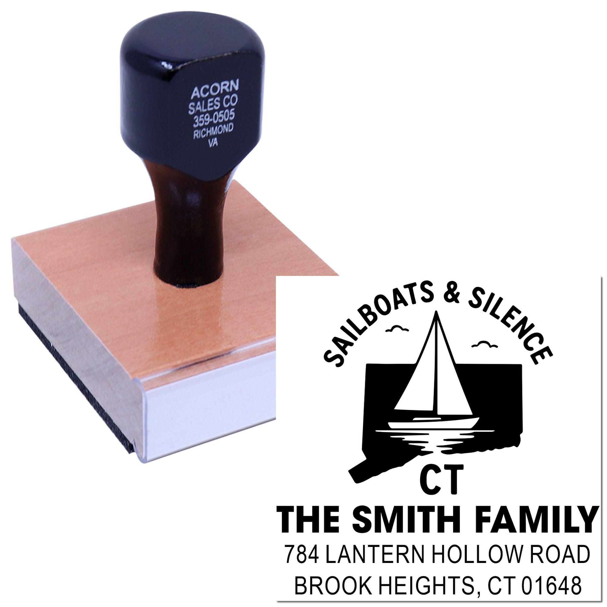 Custom rubber address stamp with sailboat design for The Smith Family, Brook Heights CT, showing a personalized return address imprint.