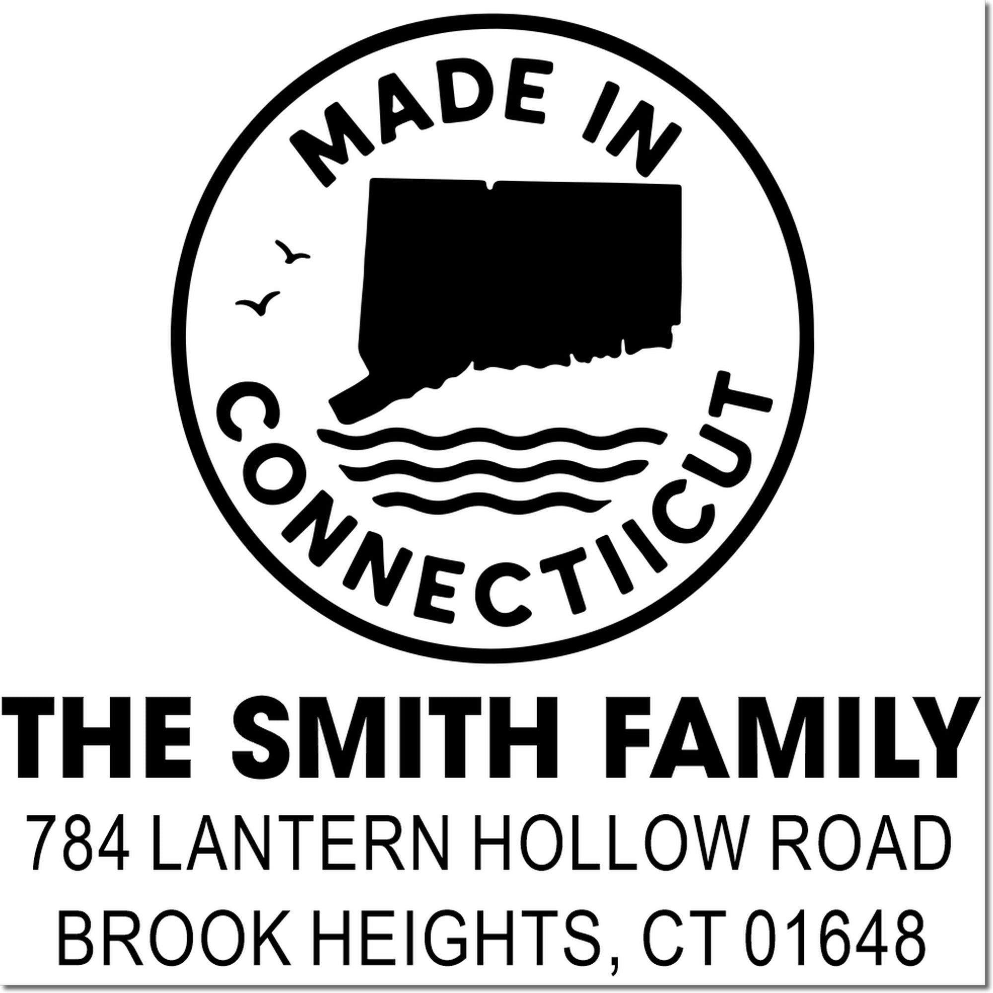Custom return address rubber stamp for The Smith Family, Brook Heights, CT, with Made in Connecticut seal.