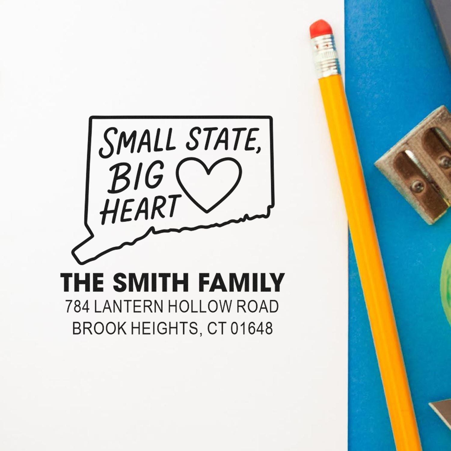 Custom family return address rubber stamp with Connecticut Small State, Big Heart design for The Smith Family.