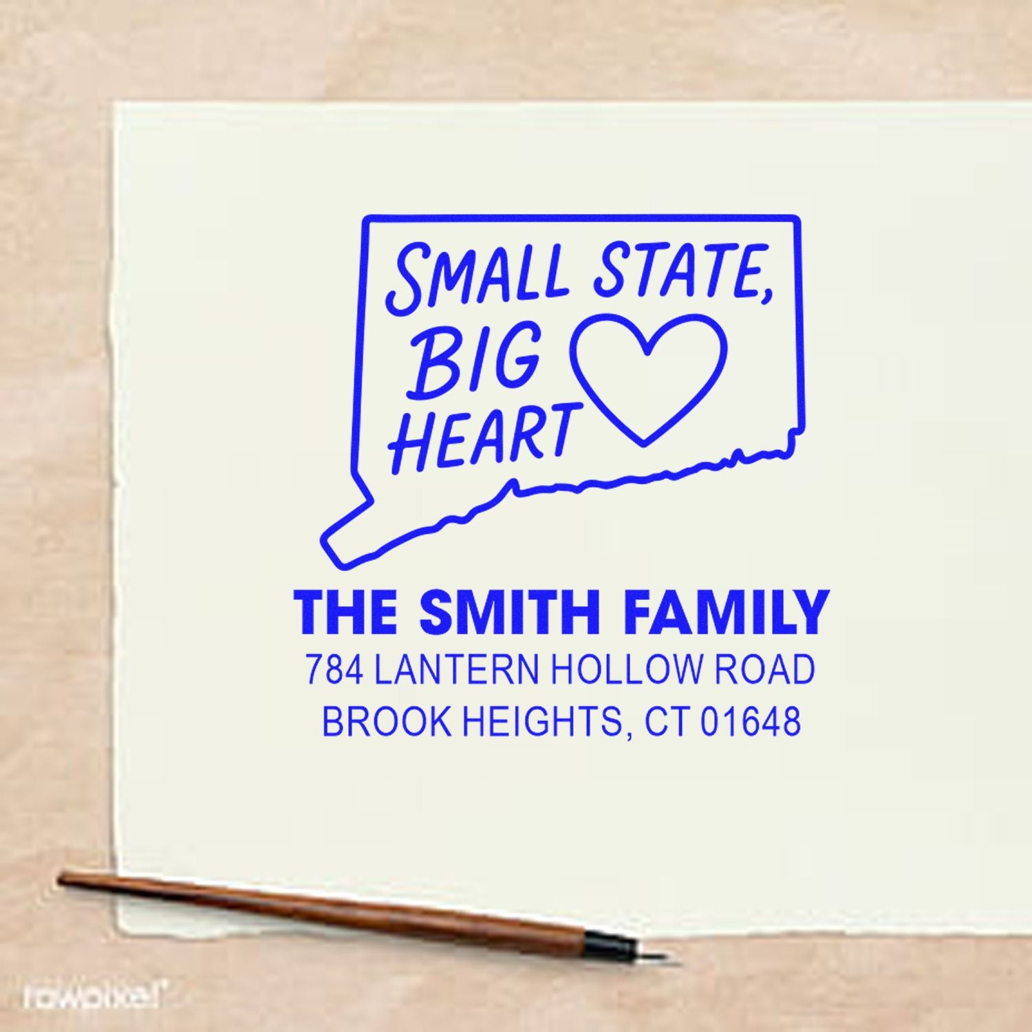 Personalized family return address rubber stamp with Connecticut outline and Small State, Big Heart design.