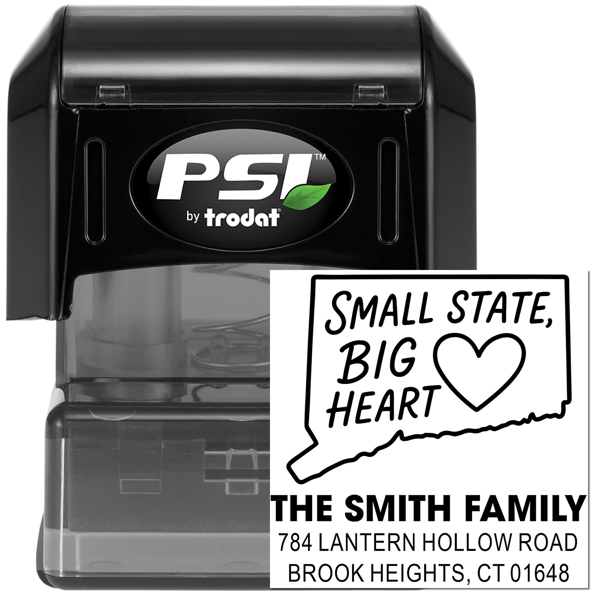 PSI by Trodat self-inking rubber stamp with custom Connecticut state address design reading Small State, Big Heart for The Smith Family.