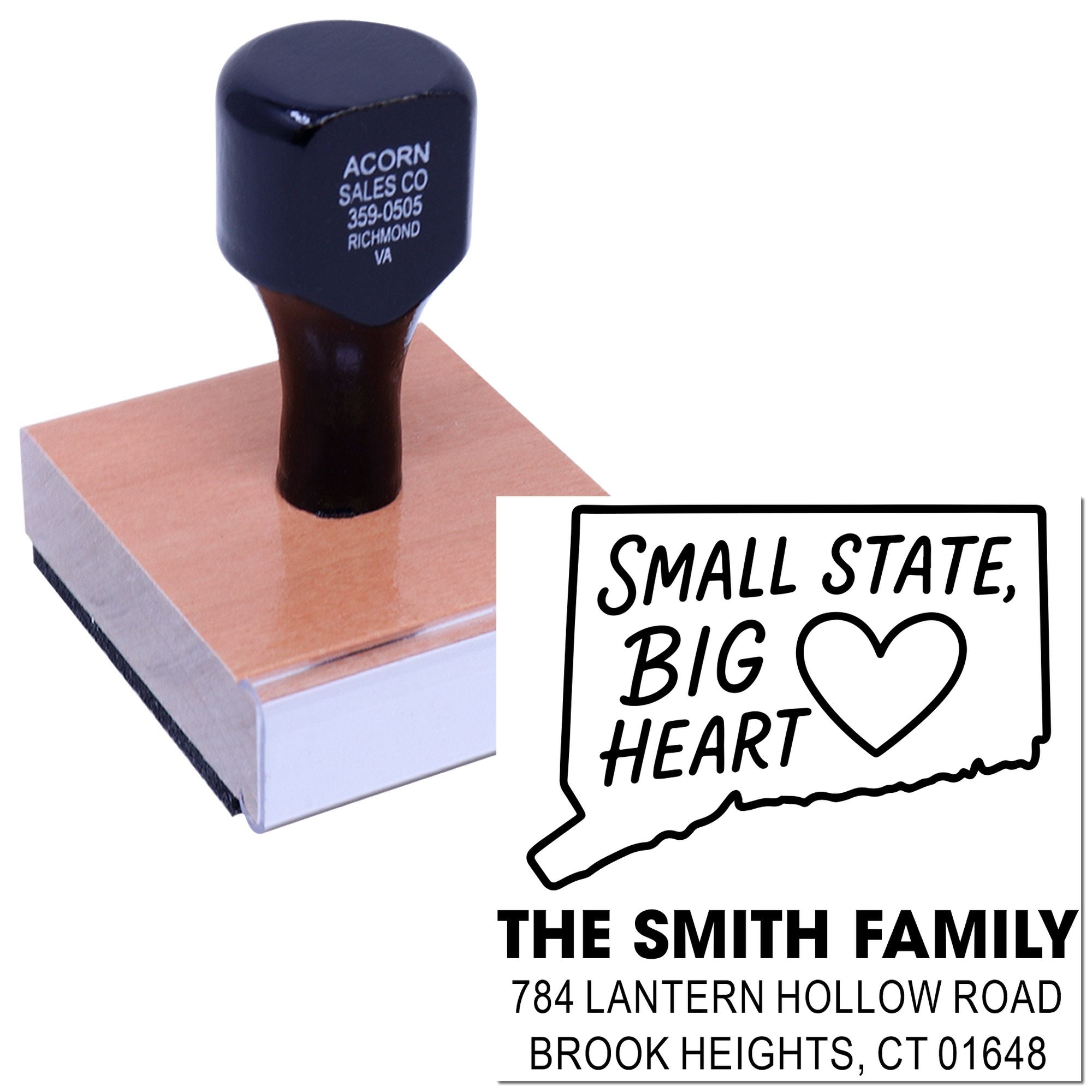 Custom rubber address stamp with state outline and heart, personalized family name and return address.