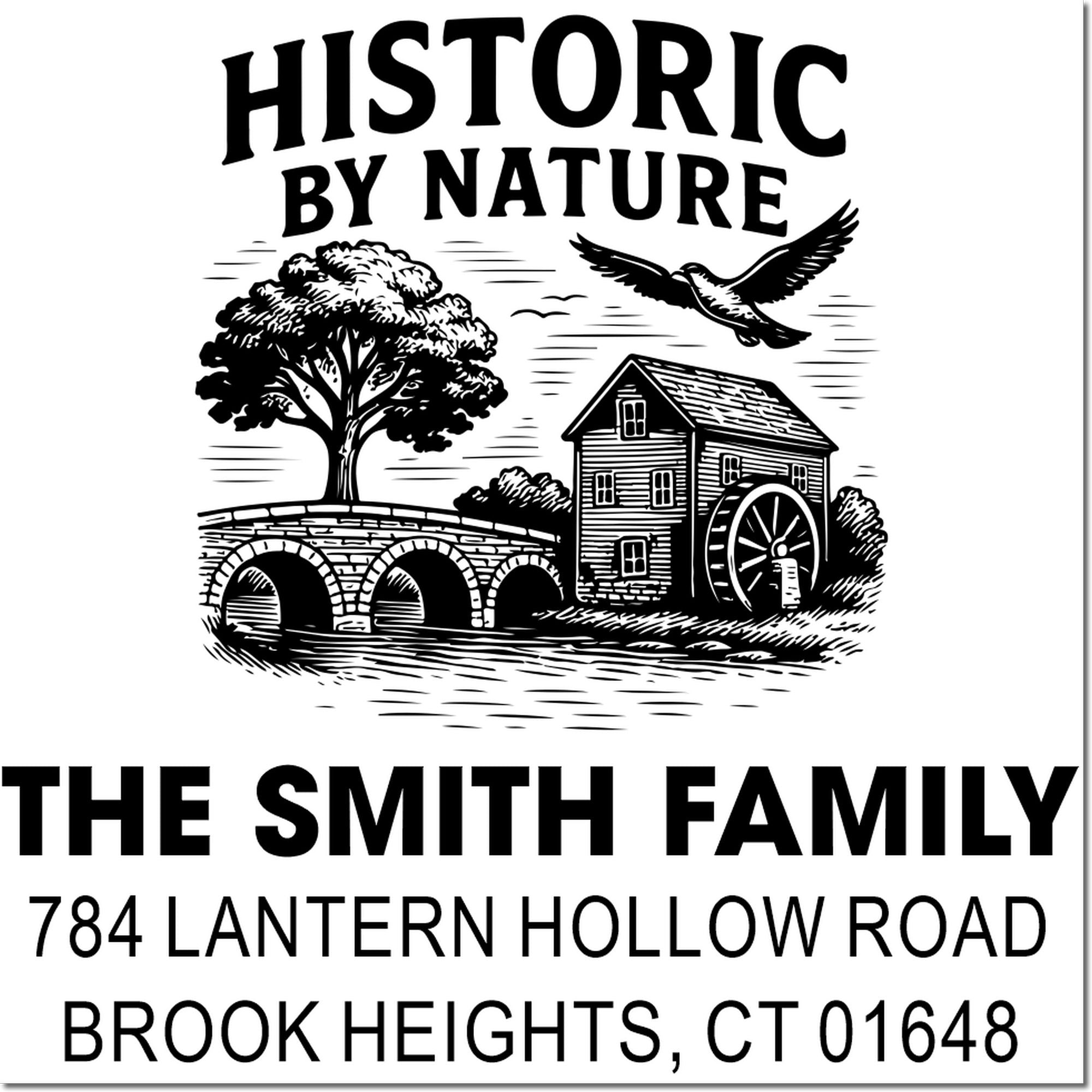 Custom family address rubber stamp featuring Historic by Nature design for The Smith Family, 784 Lantern Hollow Road, Brook Heights, CT.