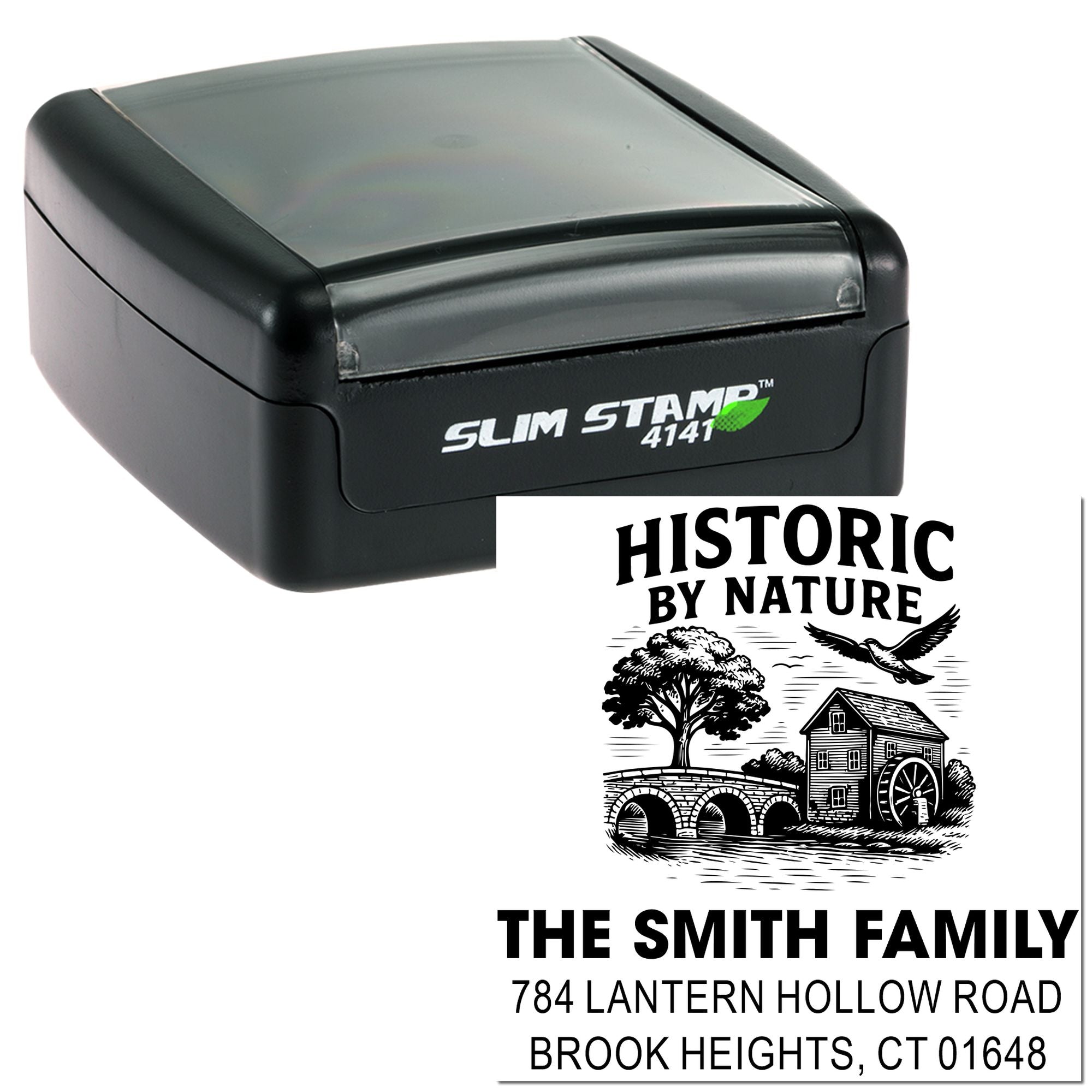 Self-inking custom rubber address stamp featuring Historic by Nature design for The Smith Family.