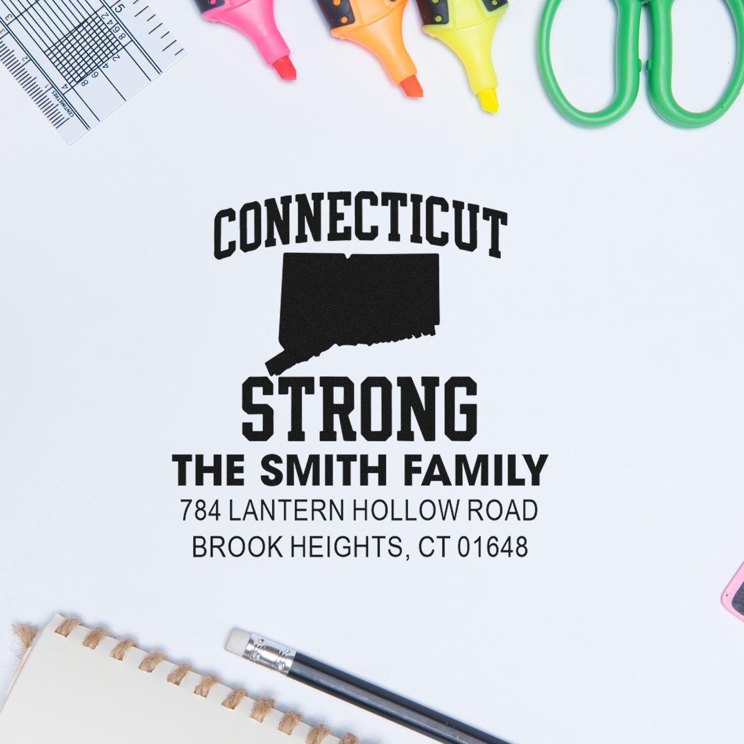 Custom Connecticut rubber stamp with Smith family name and address, featuring state silhouette and Connecticut Strong design.