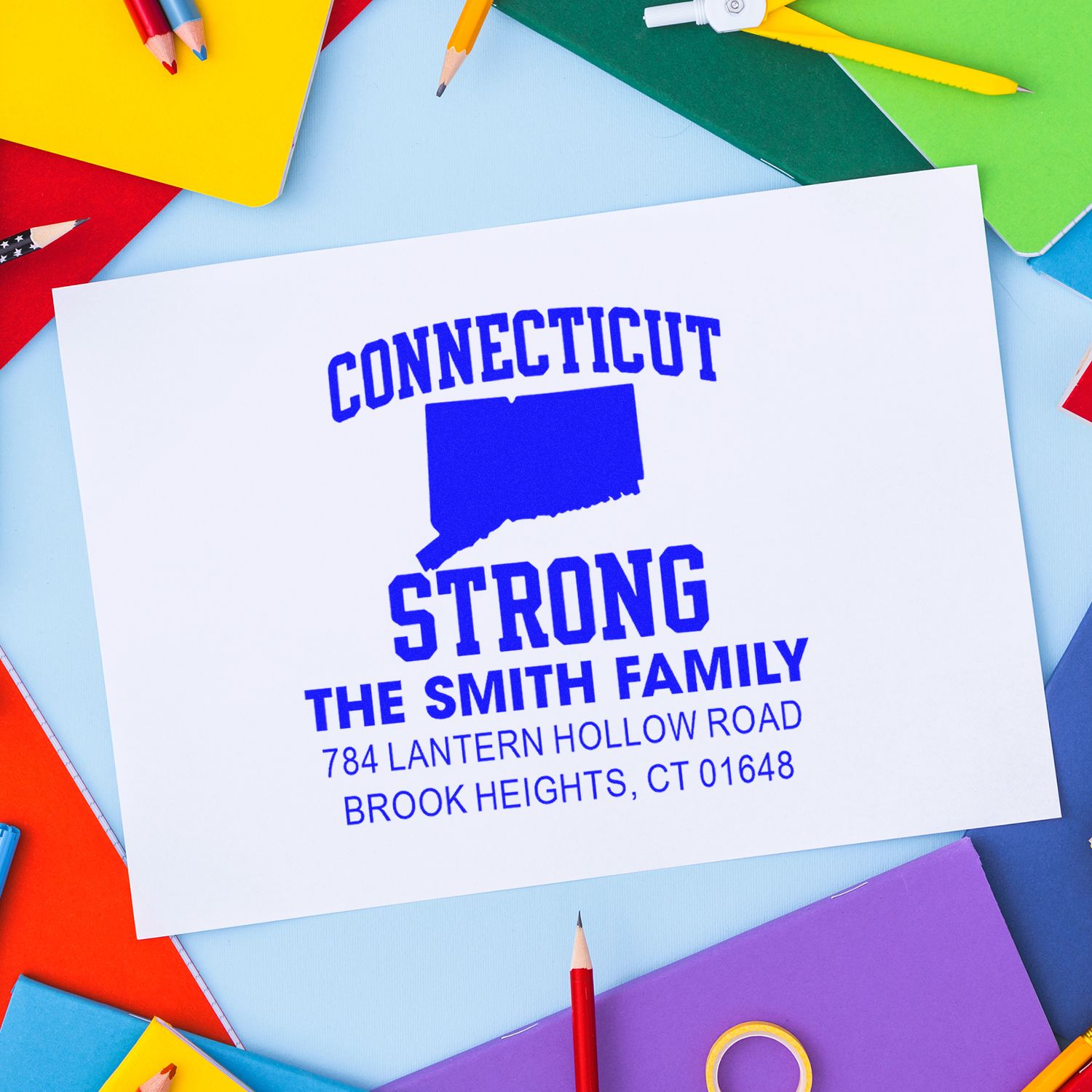 Custom Connecticut Strong return address rubber stamp for The Smith Family with state outline and mailing address.