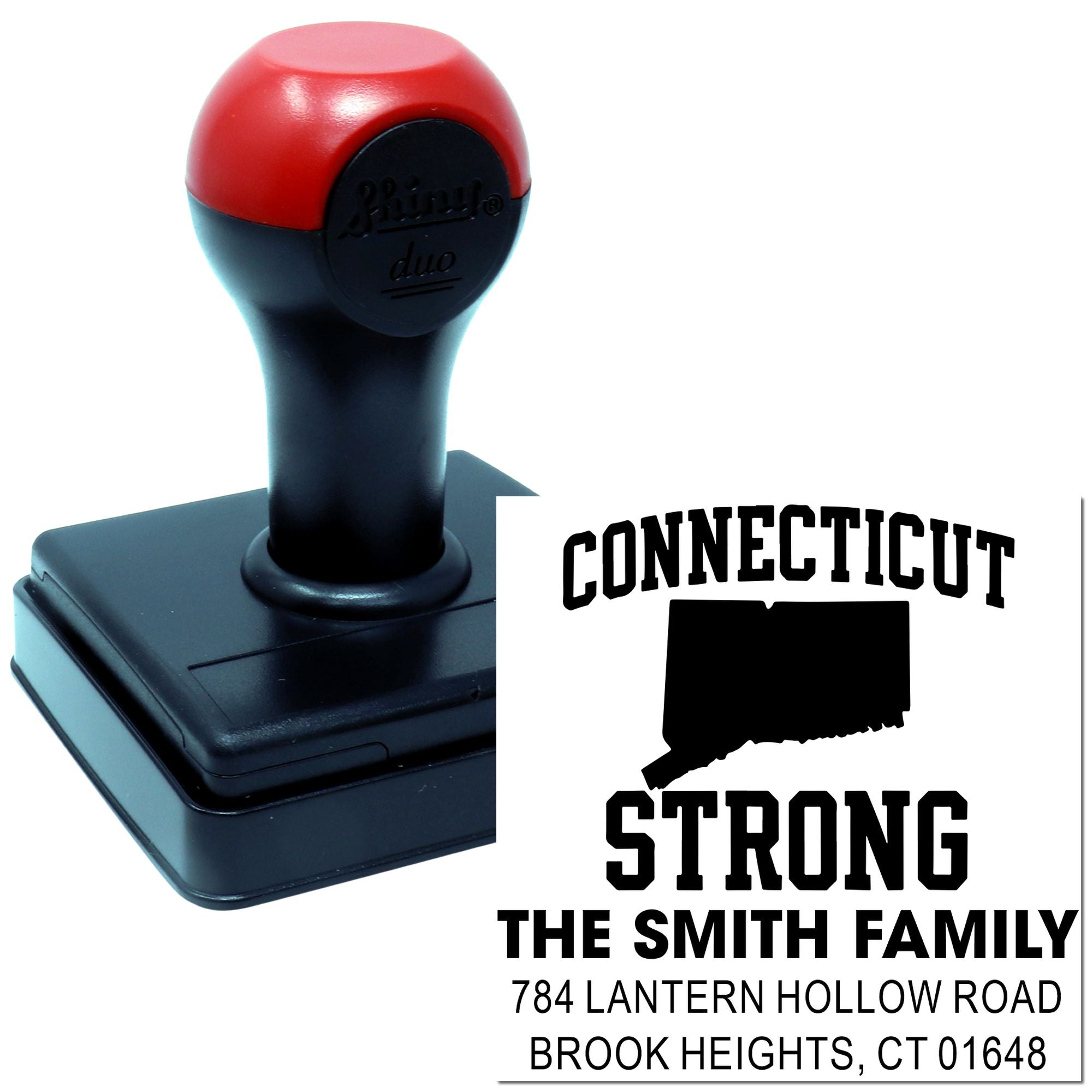 Custom self-inking rubber address stamp with Connecticut Strong design and The Smith Family return address.