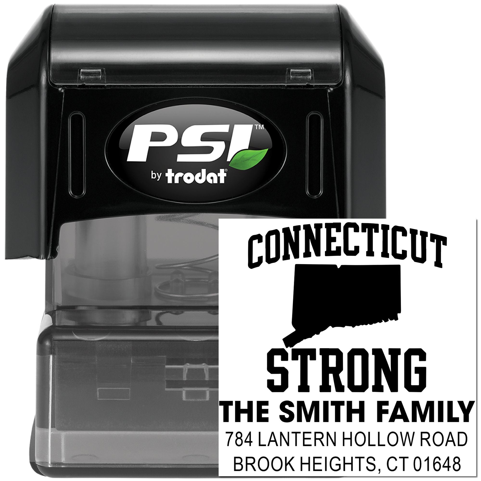 PSI by Trodat self-inking custom address rubber stamp featuring Connecticut Strong family design