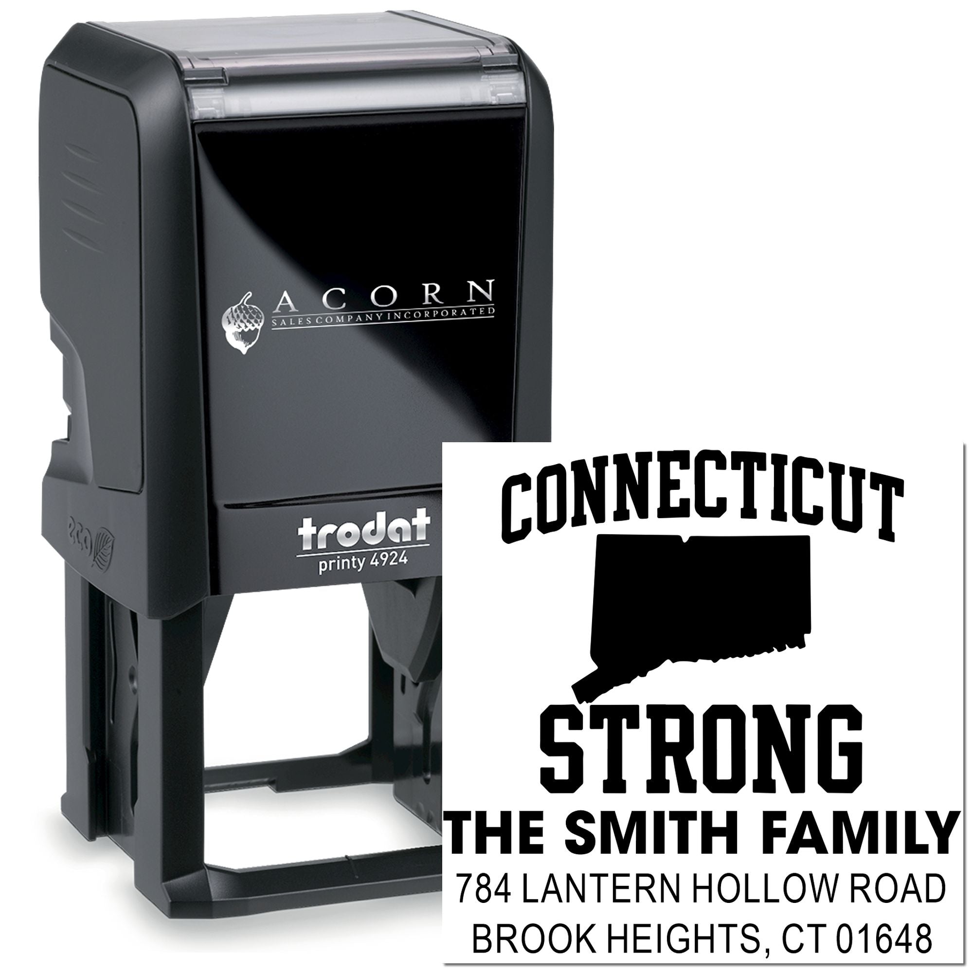 Custom self-inking rubber address stamp with Connecticut state silhouette for The Smith Family, Brook Heights, CT 01648