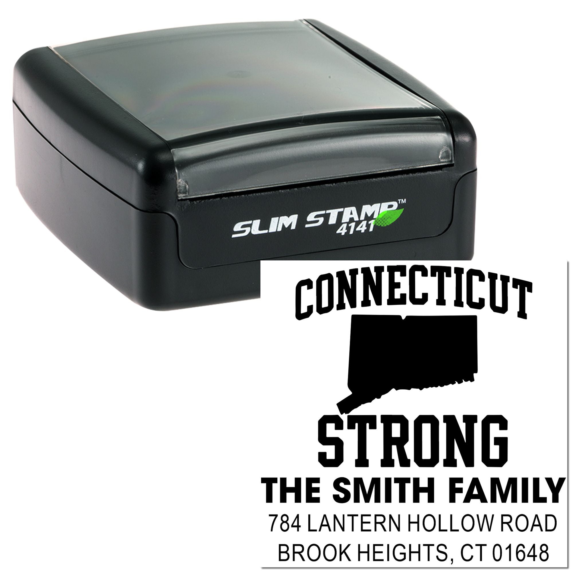 Custom self-inking rubber stamp for Connecticut return address with Smith family name and address.