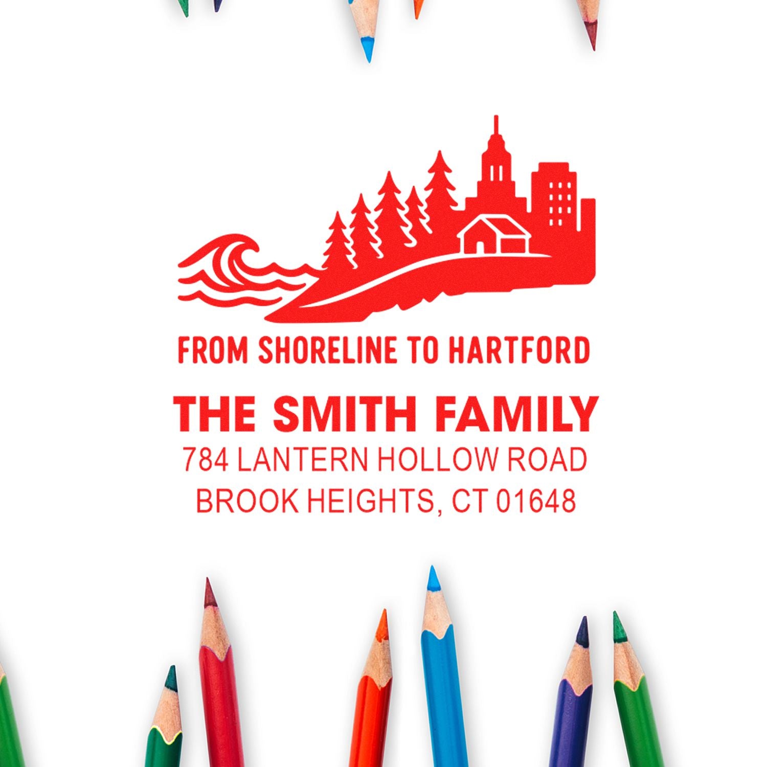 Personalized rubber return address stamp for the Smith family with Brook Heights, CT and shoreline-to-Hartford design.