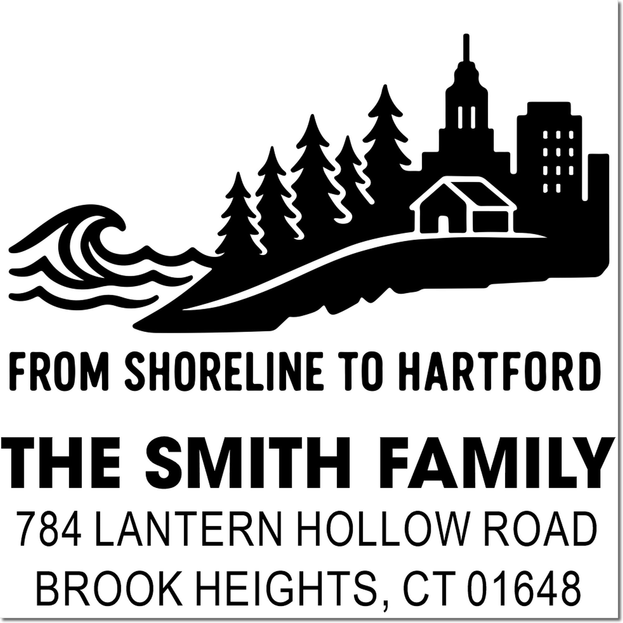 Custom family return address rubber stamp with coastal skyline and trees, featuring The Smith Family, Brook Heights CT 01648.