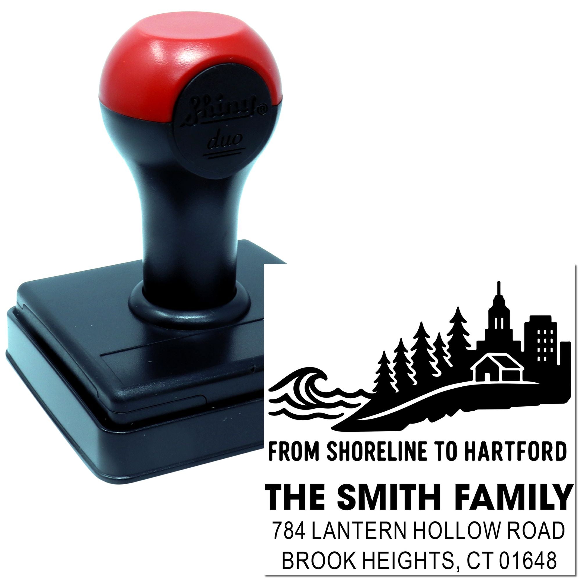 Personalized self-inking rubber address stamp with family name, CT address, and custom shoreline-to-Hartford design.